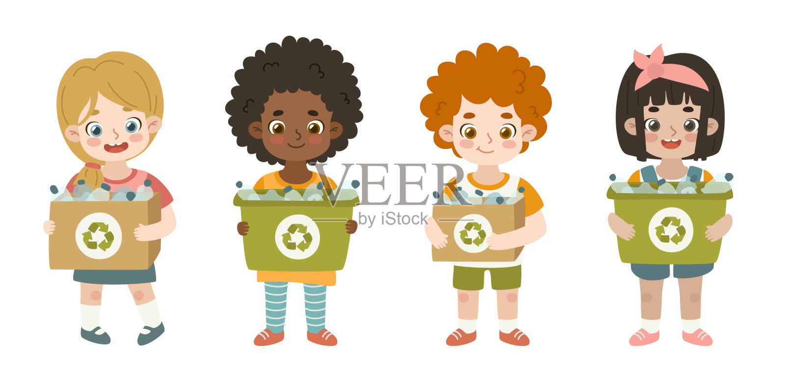 一组卡通孩子收集塑料垃圾回收利用。一群拿着盒子和容器的可爱的孩子。插画图片素材