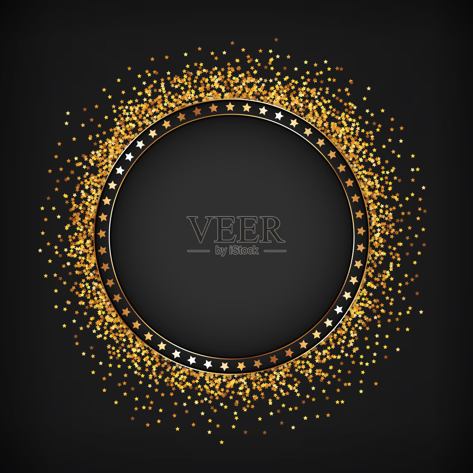 黑色圆形矢量旗帜与金色框架-圆形旗帜设计元素在黑暗的背景插画图片素材