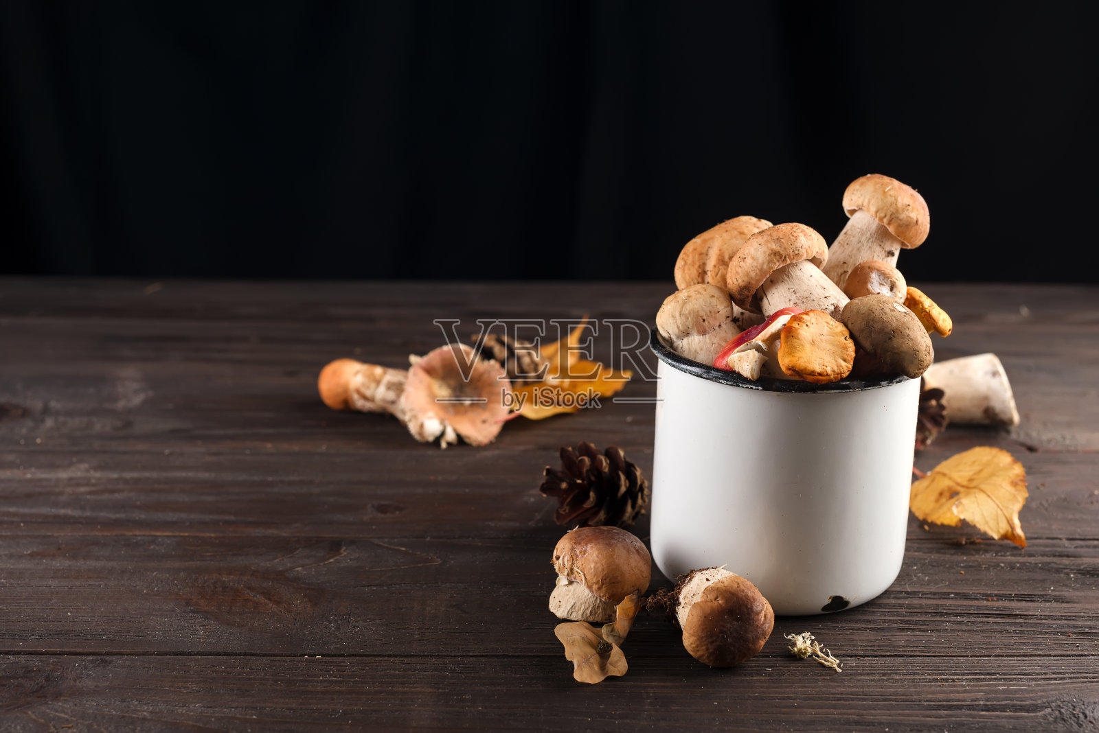 木质背景上的森林蘑菇照片摄影图片