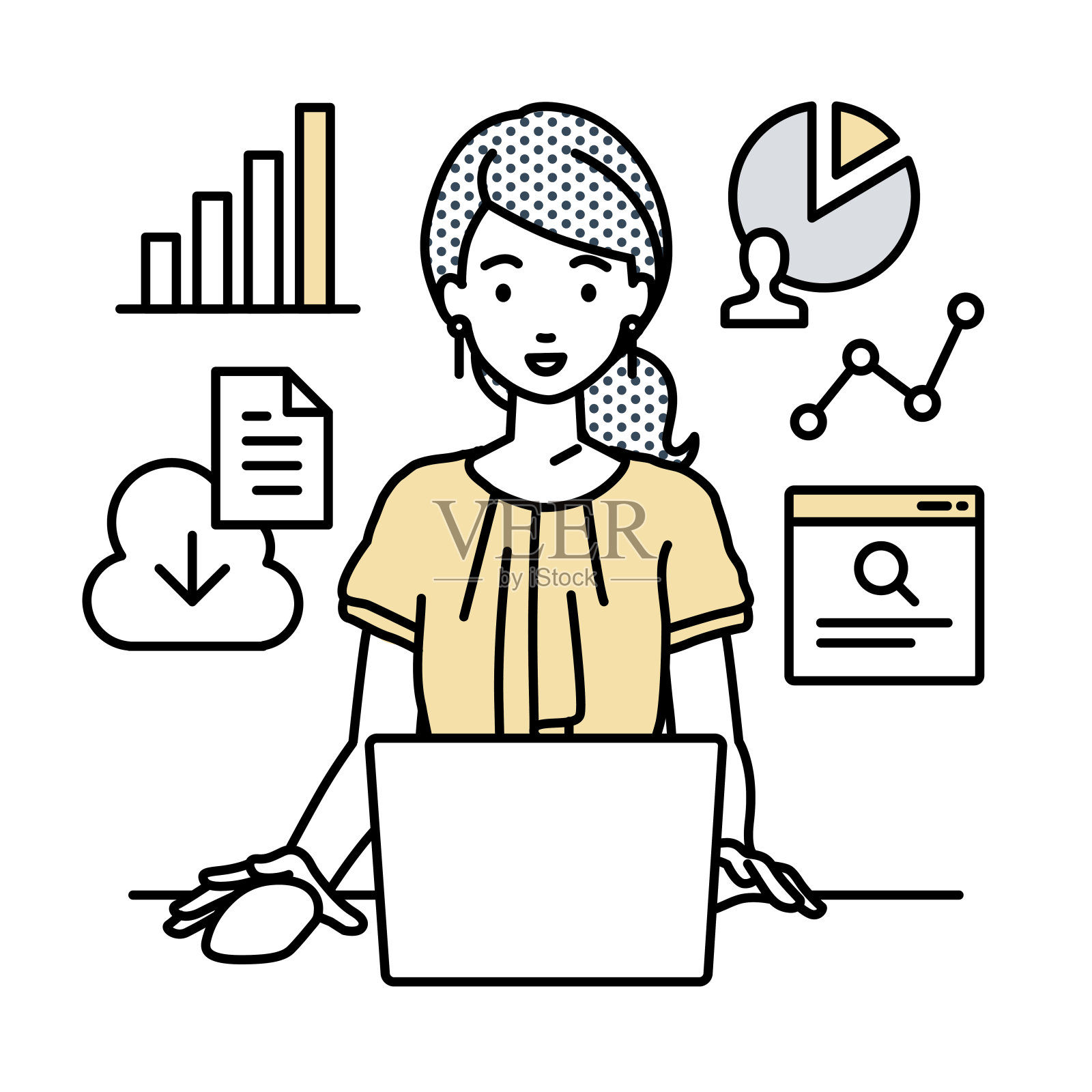 一名休闲工作的妇女，在她的办公桌上用笔记本电脑浏览网站、研究、在云端分享文件、分析、制作报告插画图片素材