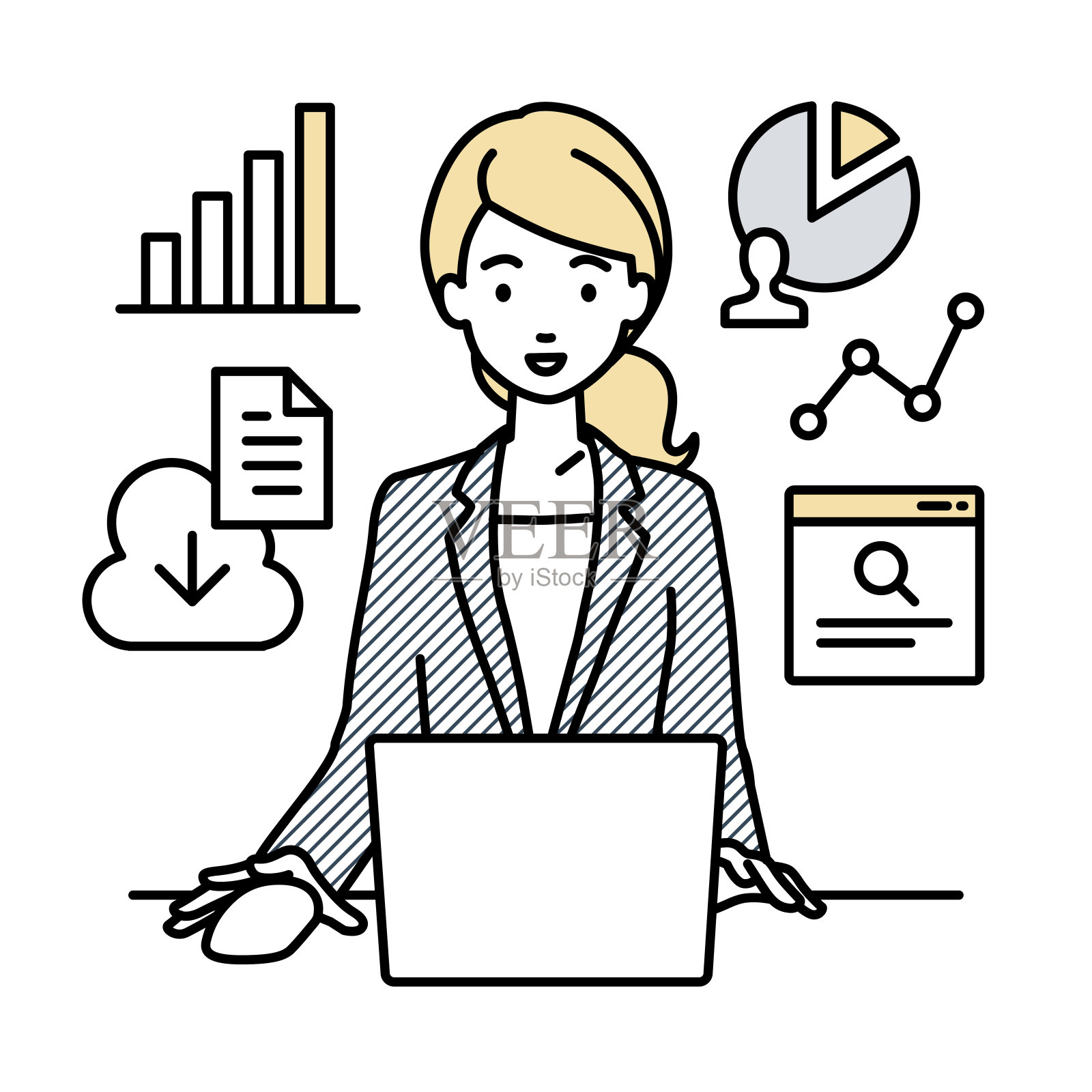 一位身着商务套装的女士坐在她的办公桌前，用笔记本电脑浏览网站、研究、在云端共享文件、分析和制作报告插画图片素材