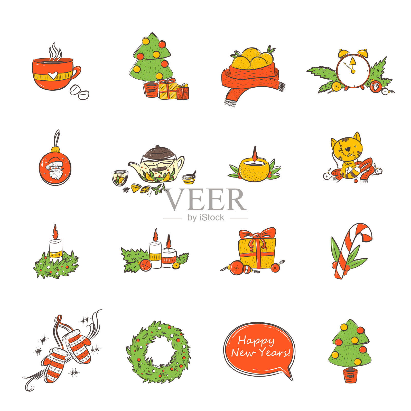 收藏物品圣诞橘子树茶树贴纸印花素描插画图片素材