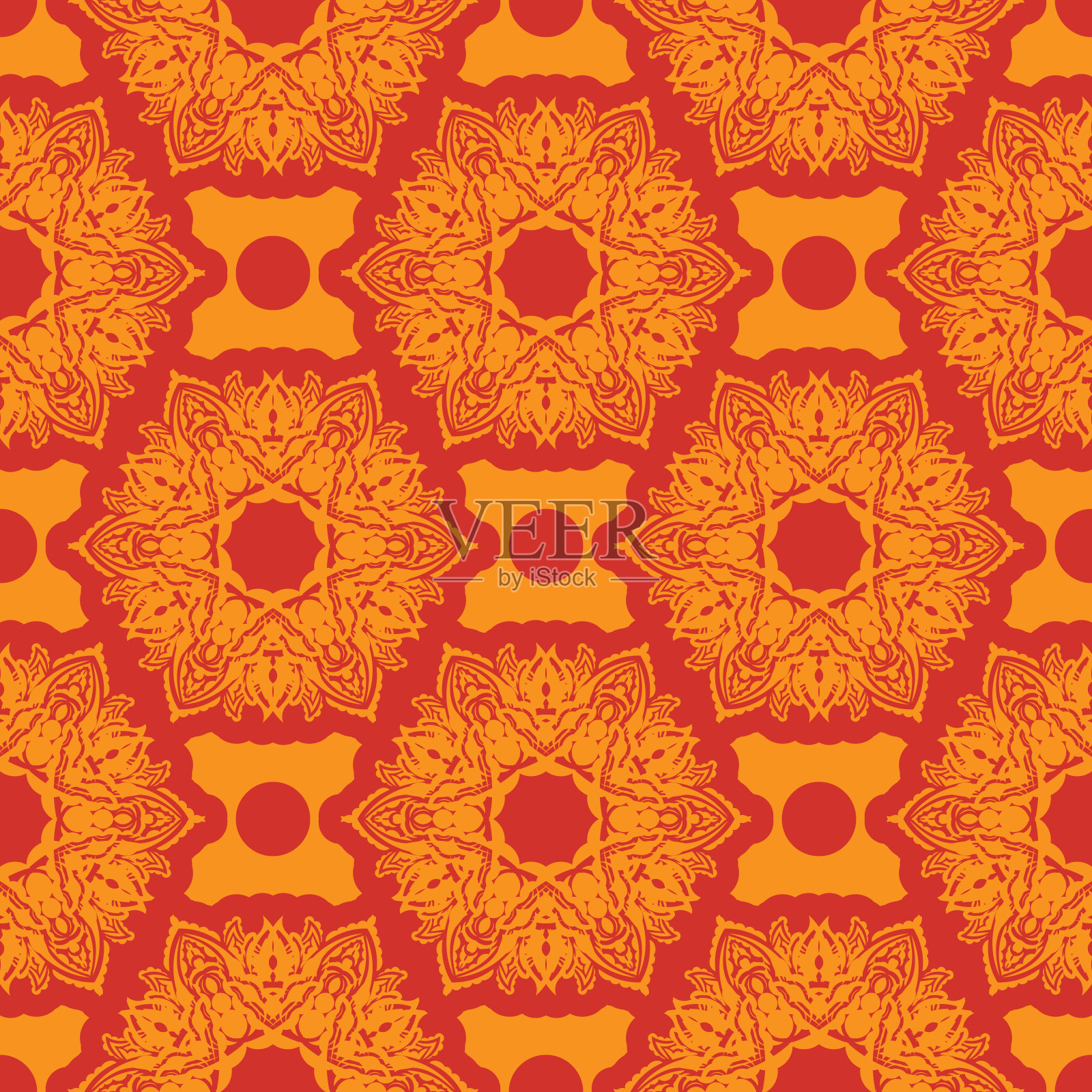 橙红色无缝图案与豪华，复古，装饰饰品。适用于封面，织物，明信片和印刷。矢量插图。插画图片素材