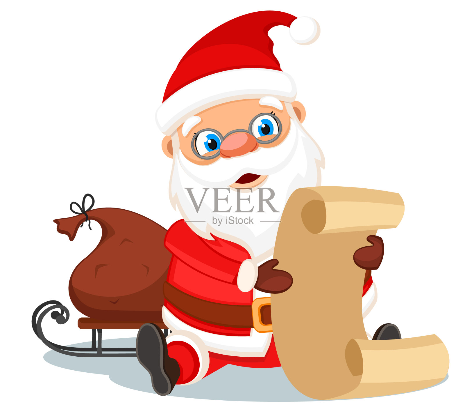 圣诞老人坐着，读着带着袋子的礼物清单。圣诞快乐，新年快乐插画图片素材