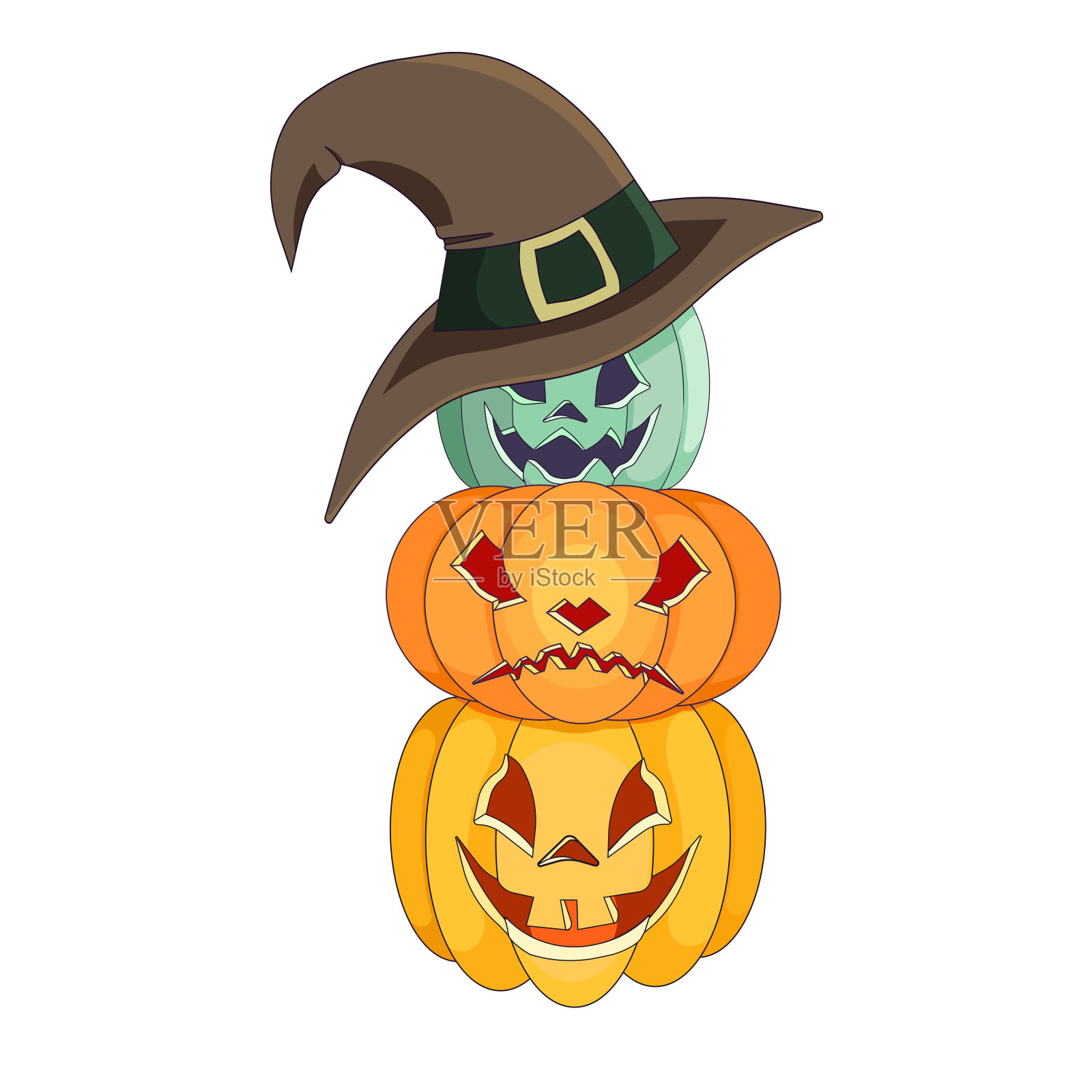 一套雕刻南瓜或杰克O灯笼与巫婆帽在卡通风格，矢量柱的南瓜帽子上的白色孤立的背景，万圣节和节日的概念，Trick or Treat，符号。插画图片素材
