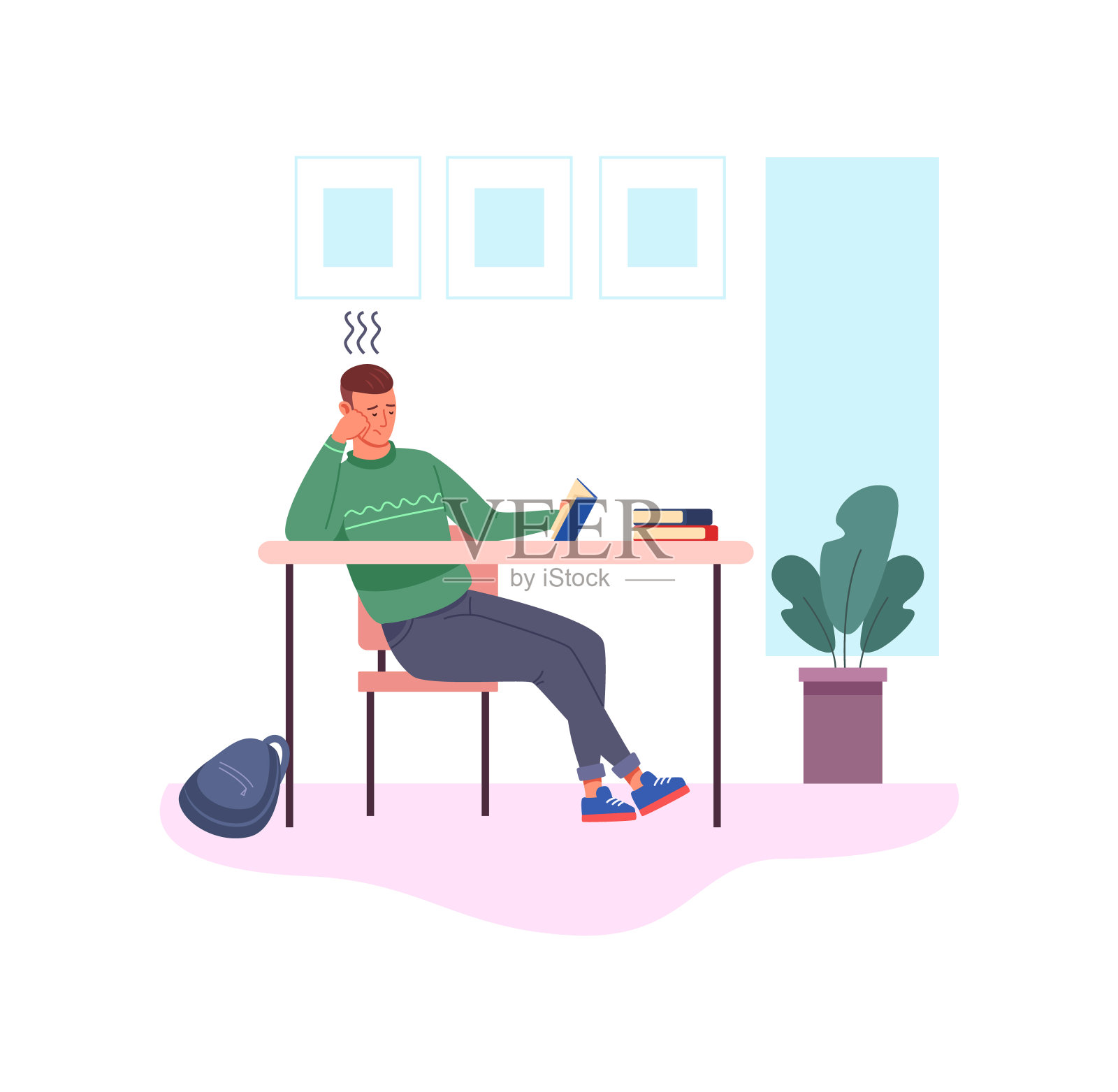 无聊的学习。懒惰的学生带着课本在长篇大论，矢量插图插画图片素材