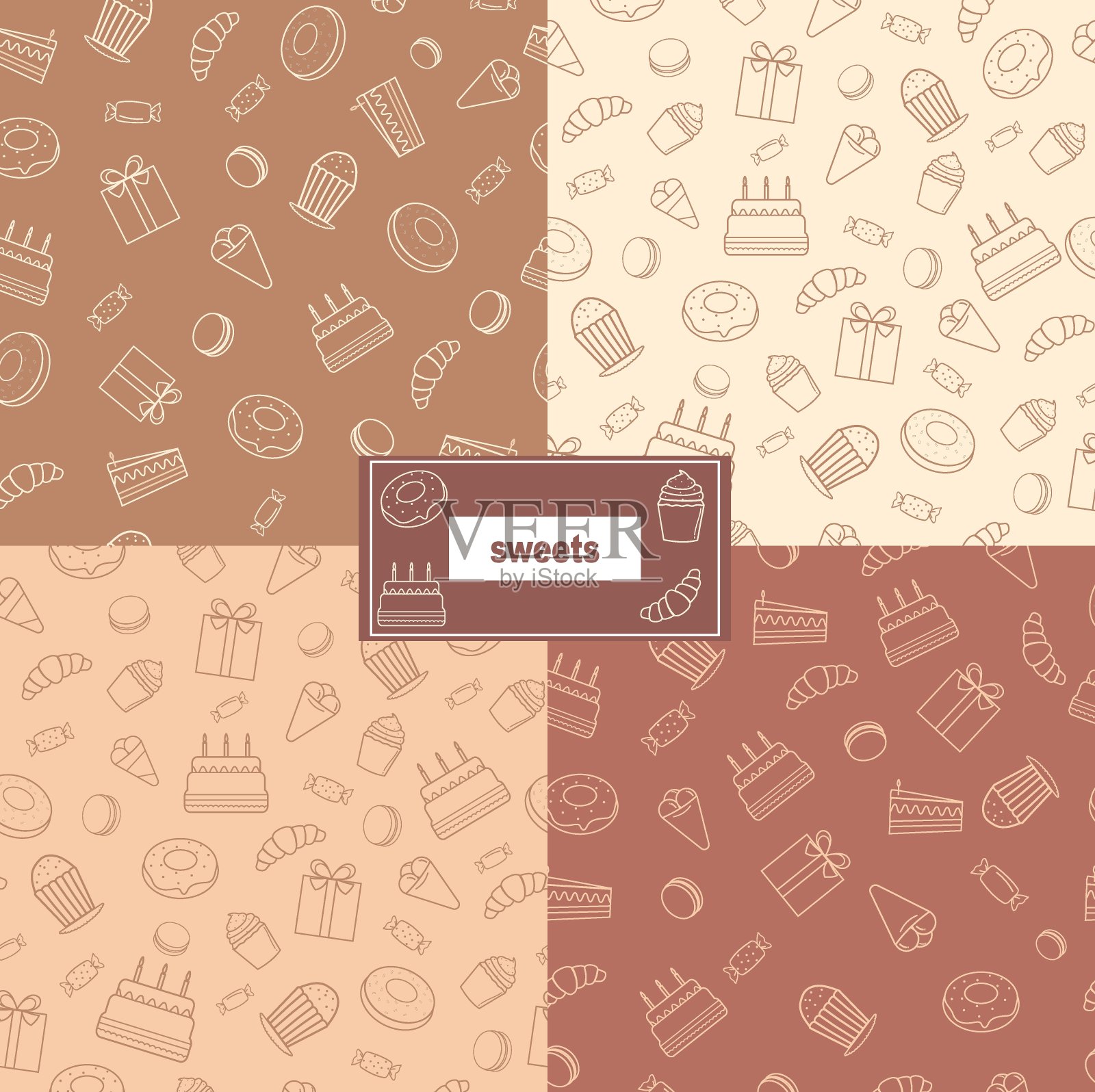 一组矢量无缝模式与线性图标的元素，冰淇淋，面包，纸杯蛋糕，蛋糕，羊角面包，甜甜圈。糖果糖果的轮廓图标。网页，包装，菜单，咖啡馆，面包店插画图片素材