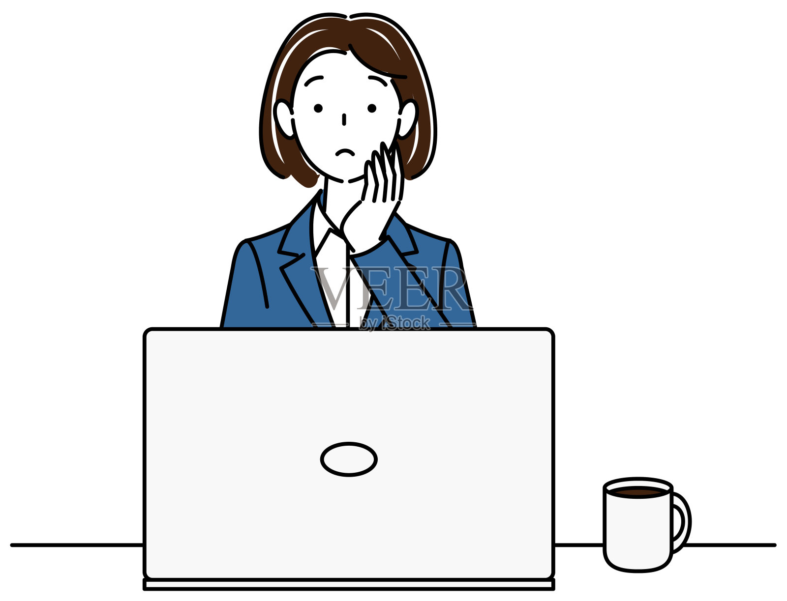 可爱的女人在一个西装坐在电脑前思考一个计划插图向量插画图片素材