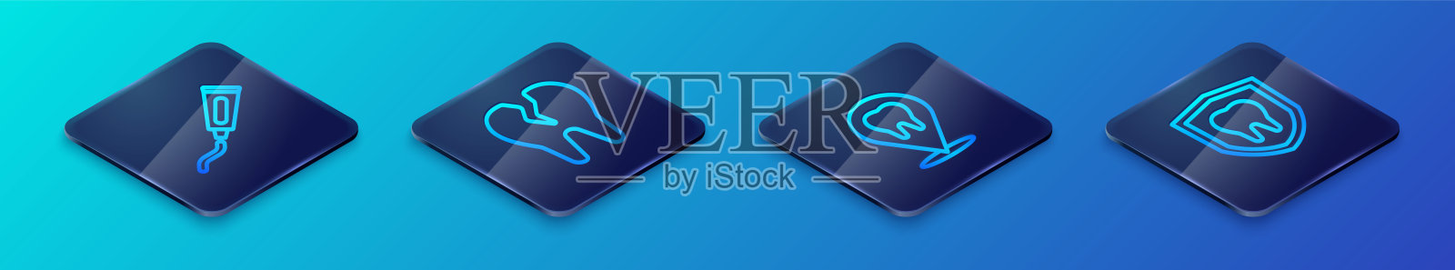 设置等距线牙科诊所位置，牙膏管，保护和破碎图标。向量图标素材