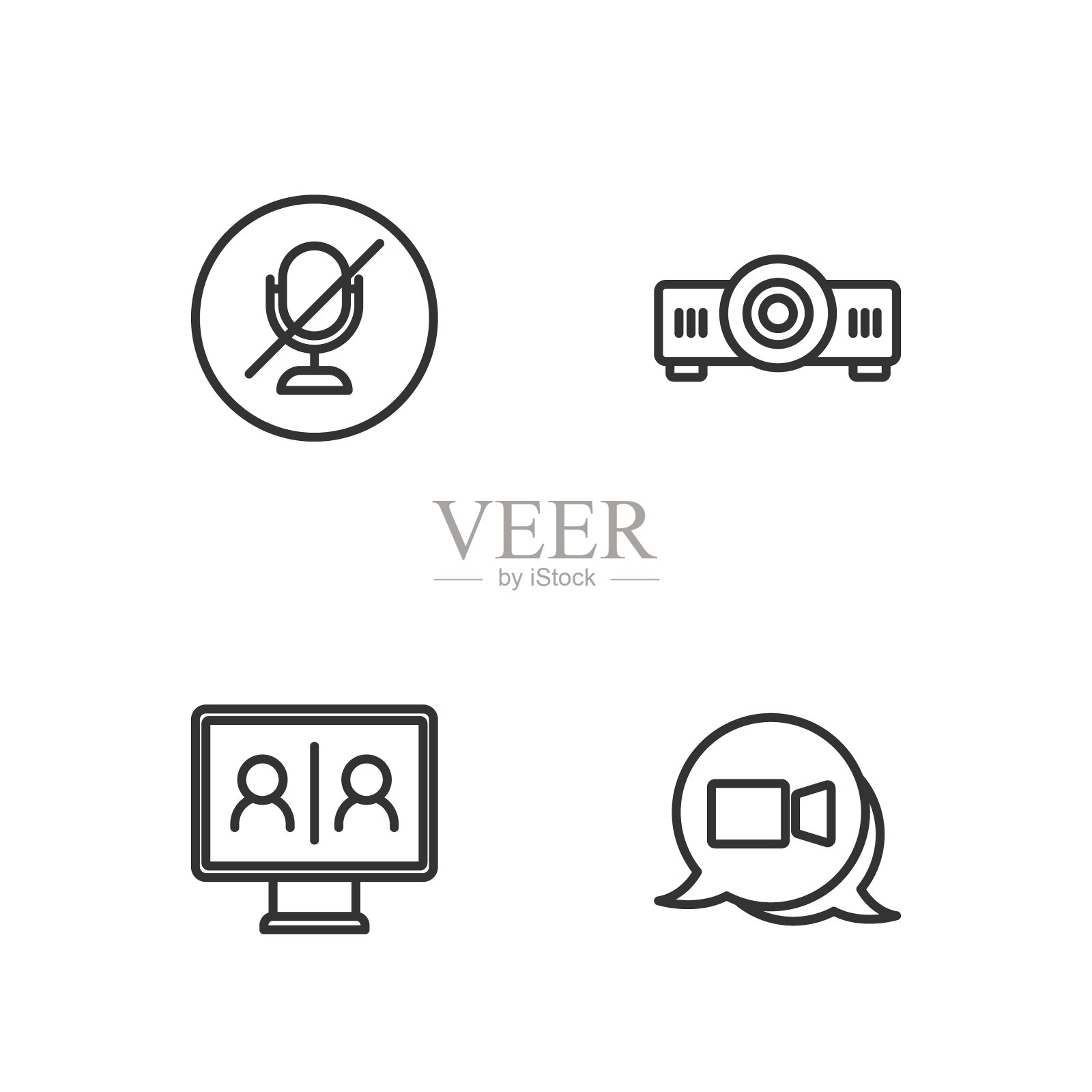 设置线路视频聊天会议，静音麦克风和电影，电影，媒体投影仪图标。向量图标素材