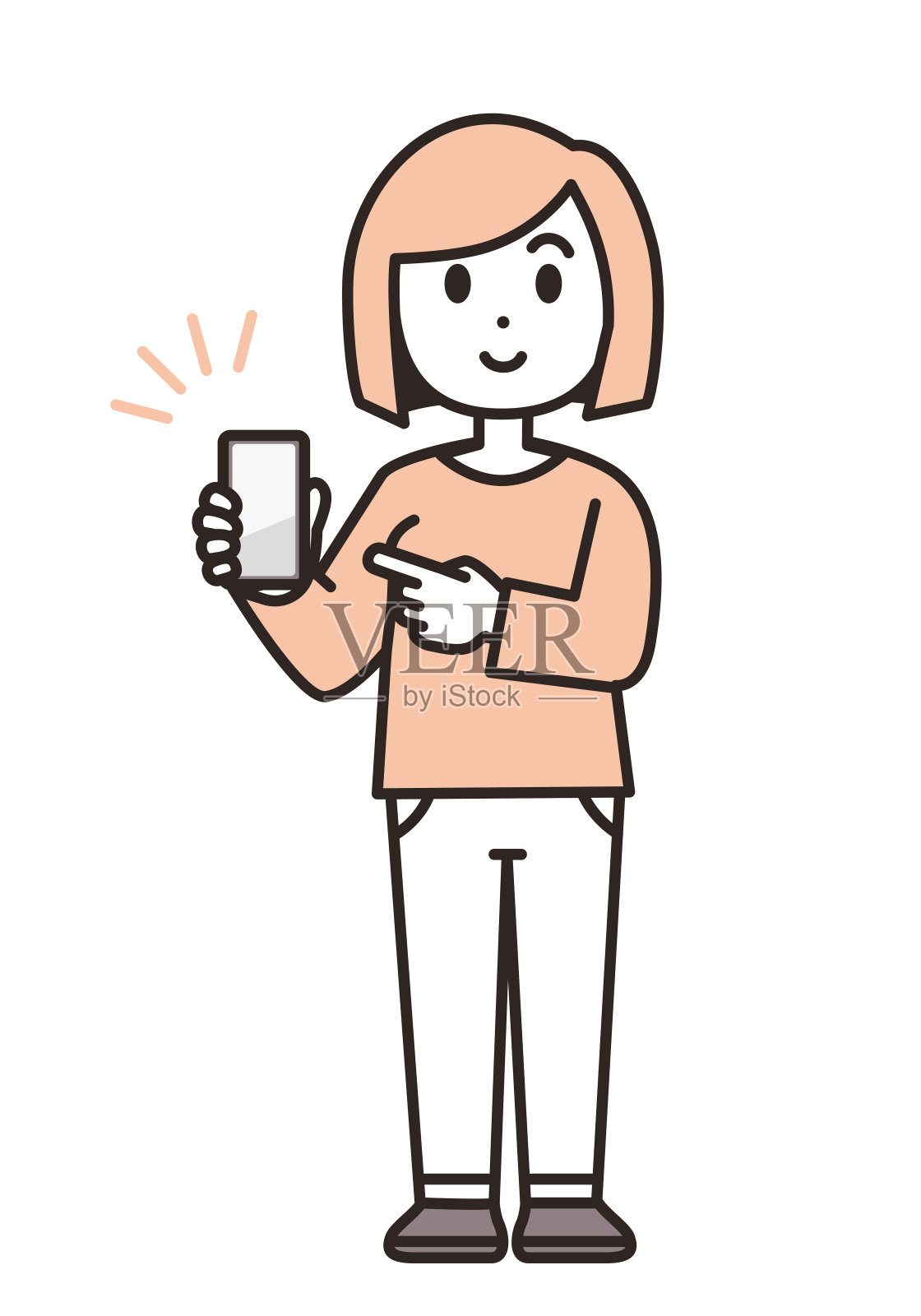 一名女子指着手中的智能手机。插画图片素材