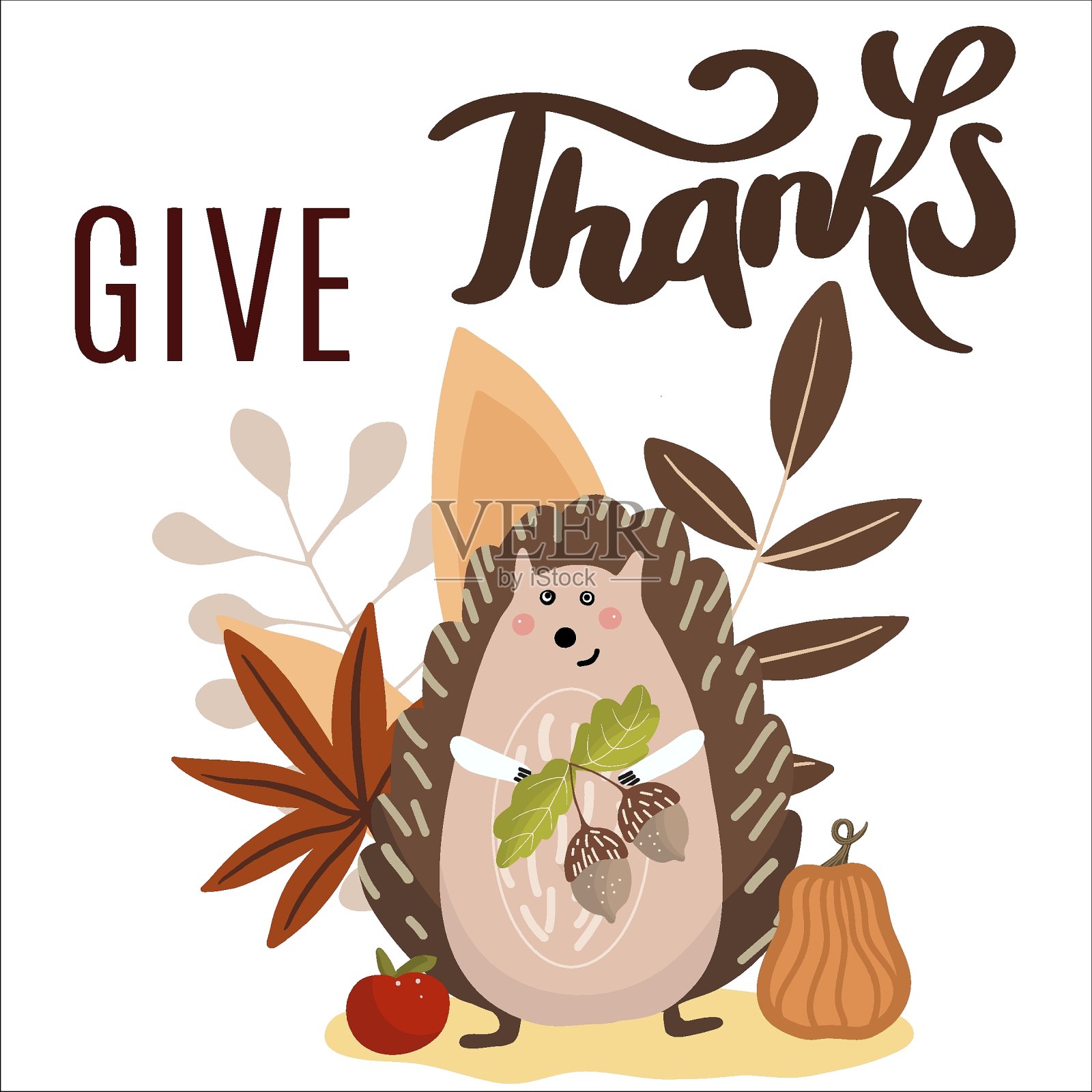 用橡子感恩的刺猬，在秋叶的背景上。插画图片素材