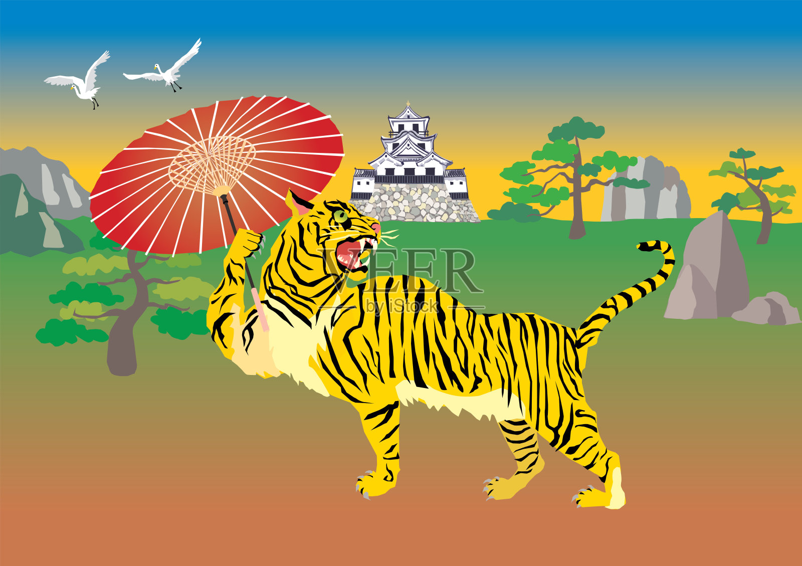 插图的老虎的年与一个日本城堡的背景。插画图片素材