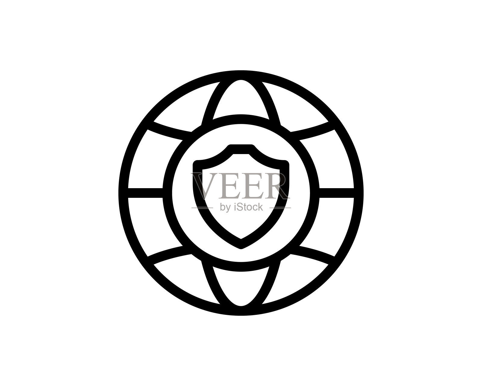 全球网络安全线路图标。世界保护线性风格标志的移动概念和网页设计。球体和盾牌轮廓矢量图标。象征,标志说明。矢量图形图标素材
