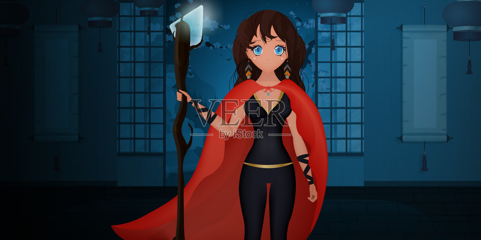 日本房间里的超级女侠。穿着绿色乳胶套装的女孩。卡通风格。向量。插画图片素材