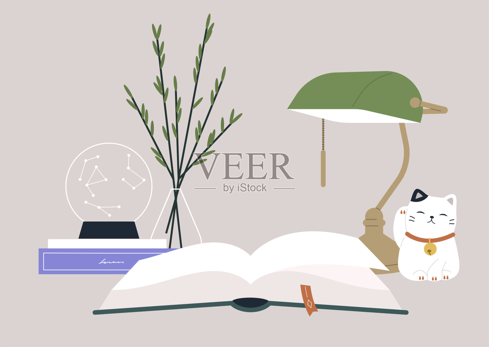 读书课桌，爱好教育，桌上装饰着水晶球，绿色图书馆灯，还有一只幸运猫雕像，舒适安静的氛围插画图片素材