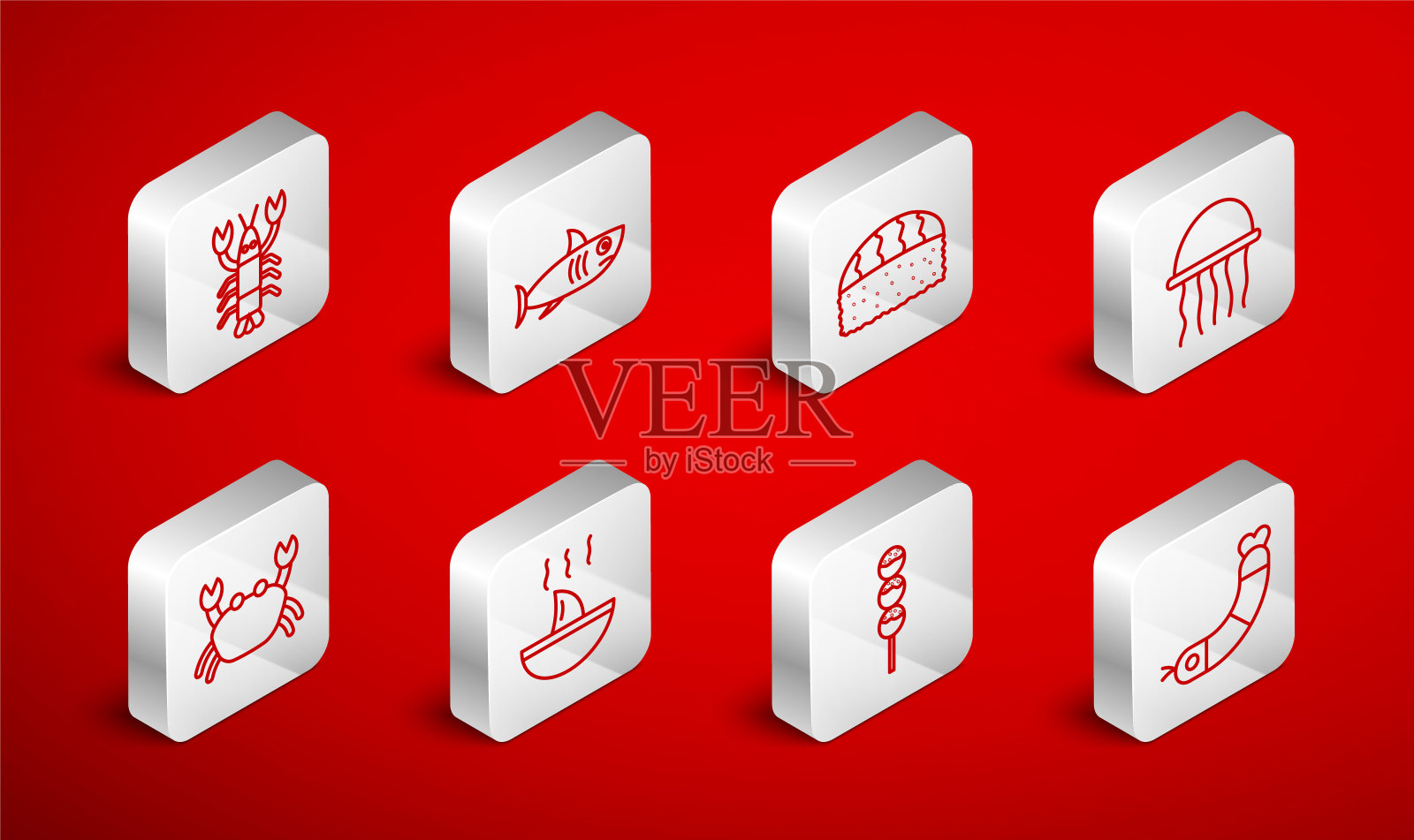 设置线虾，鲨鱼，寿司，海蜇，章鱼烧串，龙虾，鱼翅汤和螃蟹图标。向量图标素材