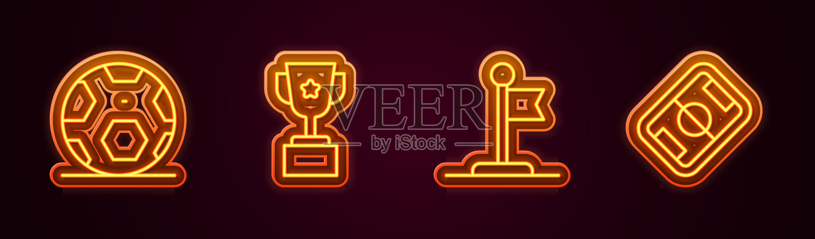 足球足球，奖杯，旗帜和足球场。发光的霓虹灯图标。向量图标素材