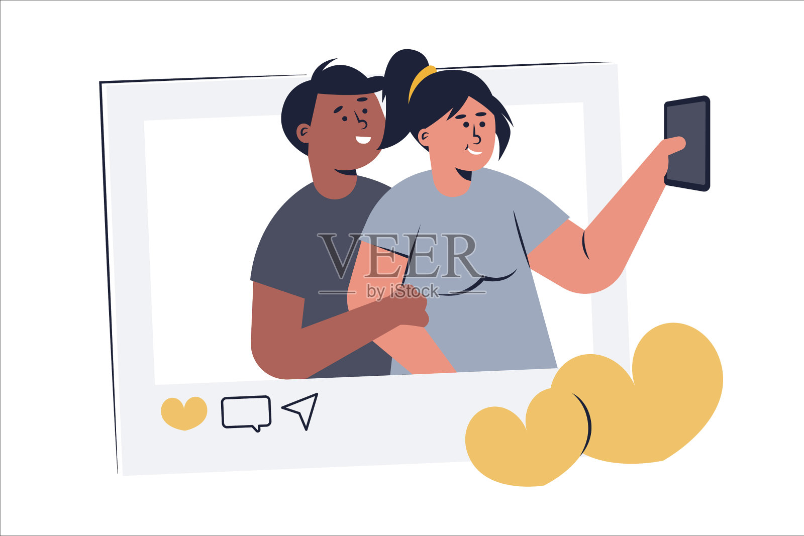 年轻的一对男女在自拍插画图片素材