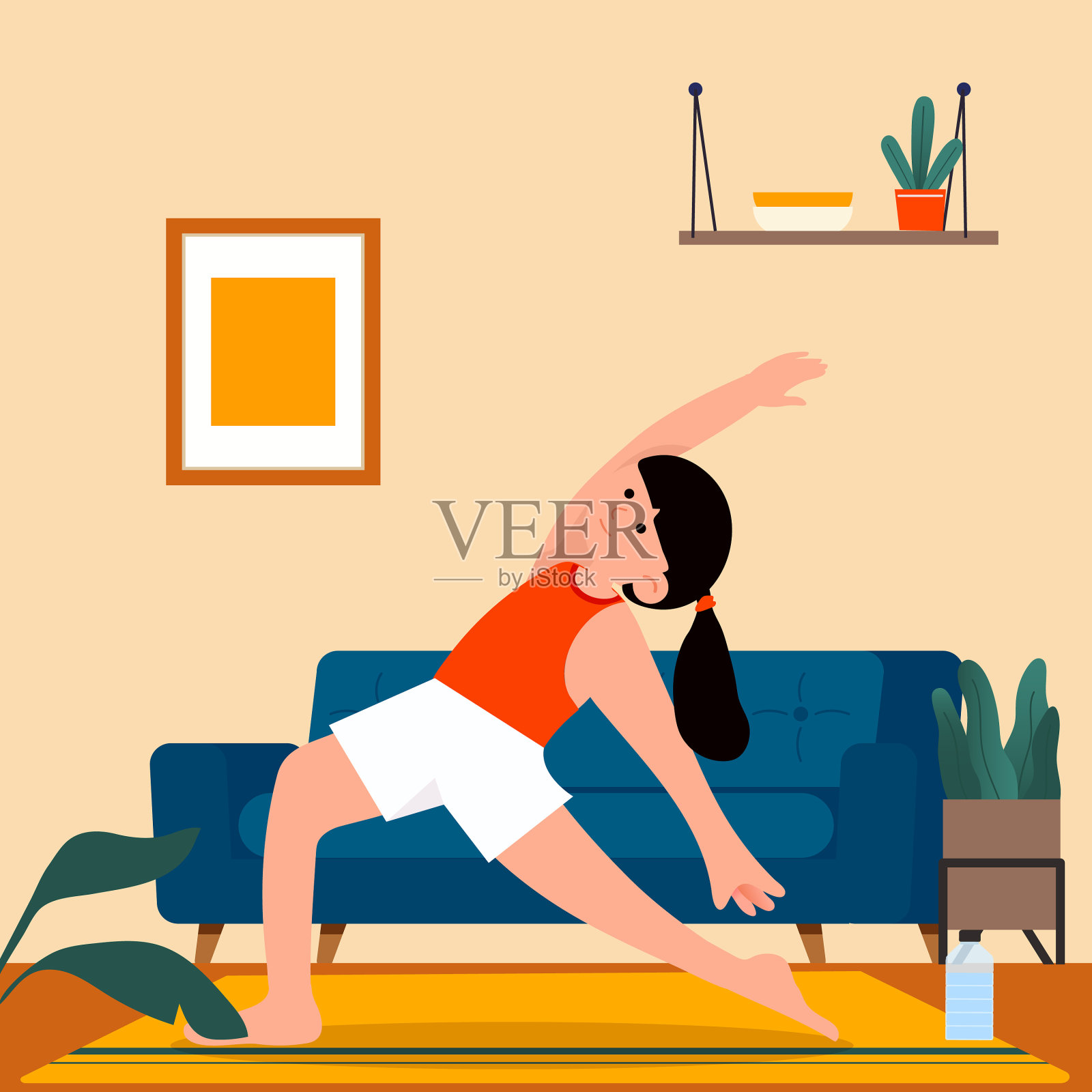 一个年轻女子在家里的客厅里锻炼身体插画图片素材