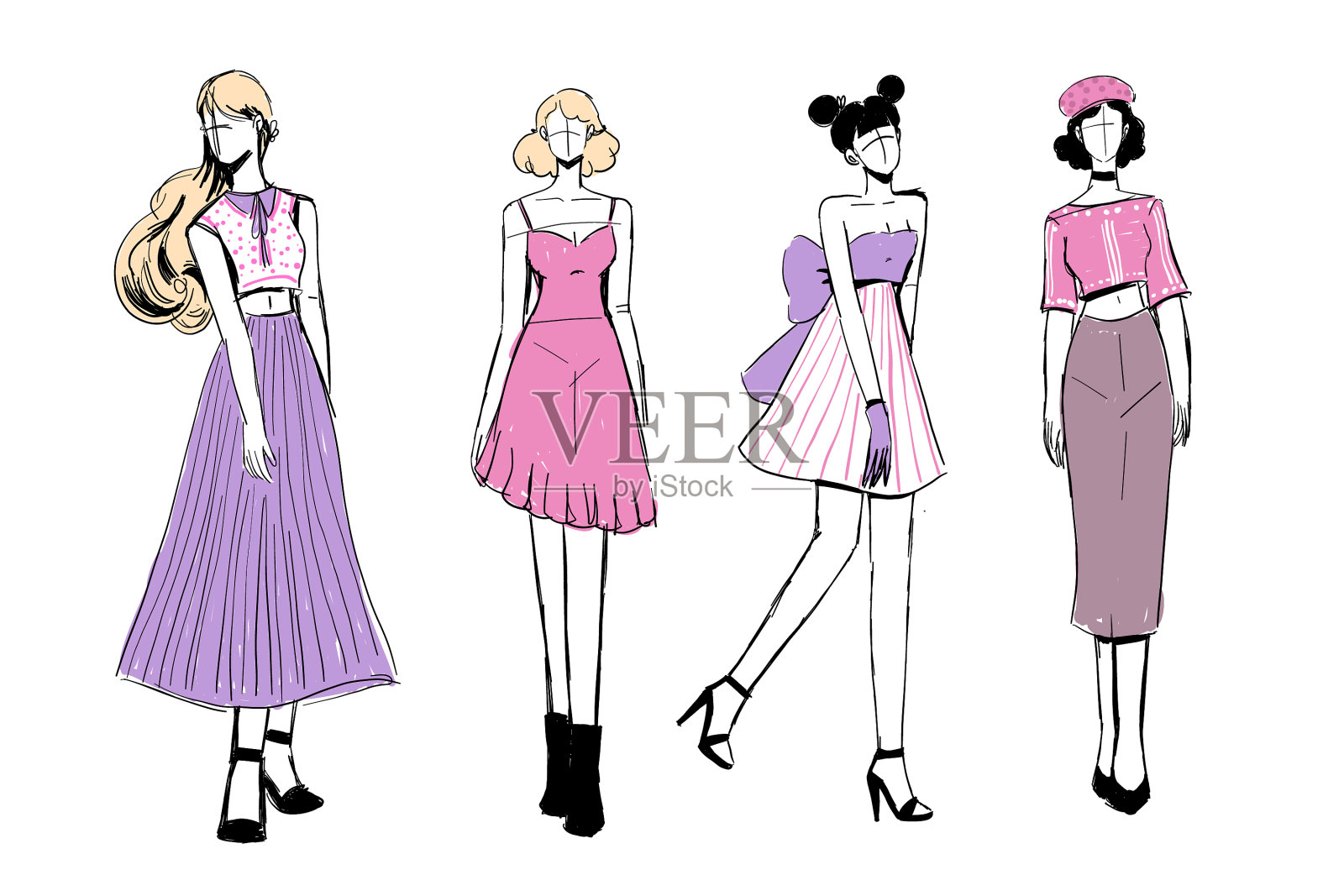 美丽和多样的时装草图插画图片素材