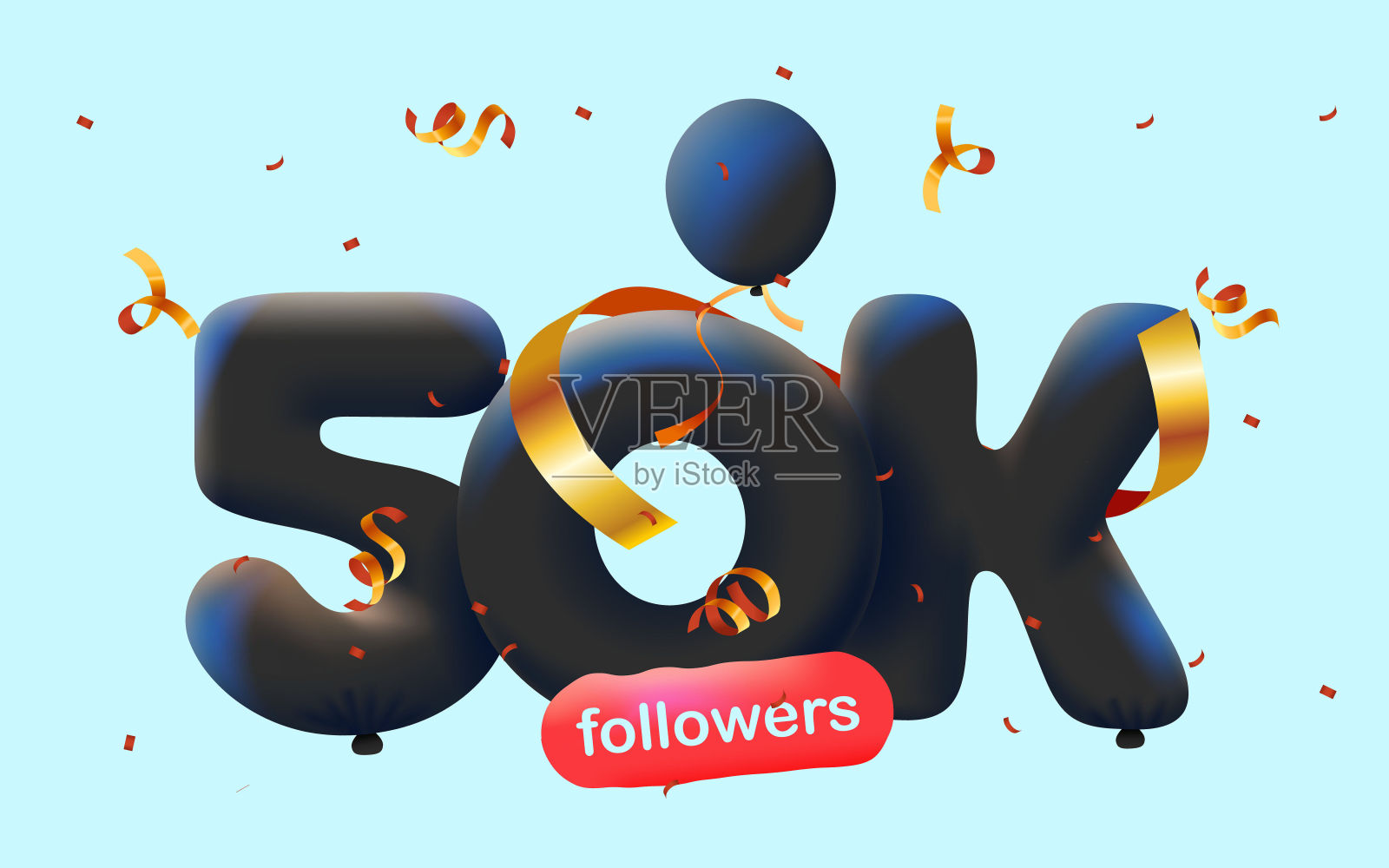 横幅上有5万名粉丝，用3d蓝色气球和彩色纸屑的形式感谢你，还有社交媒体标志。矢量插图3d数字社交媒体50000关注者，博客的概念插画图片素材