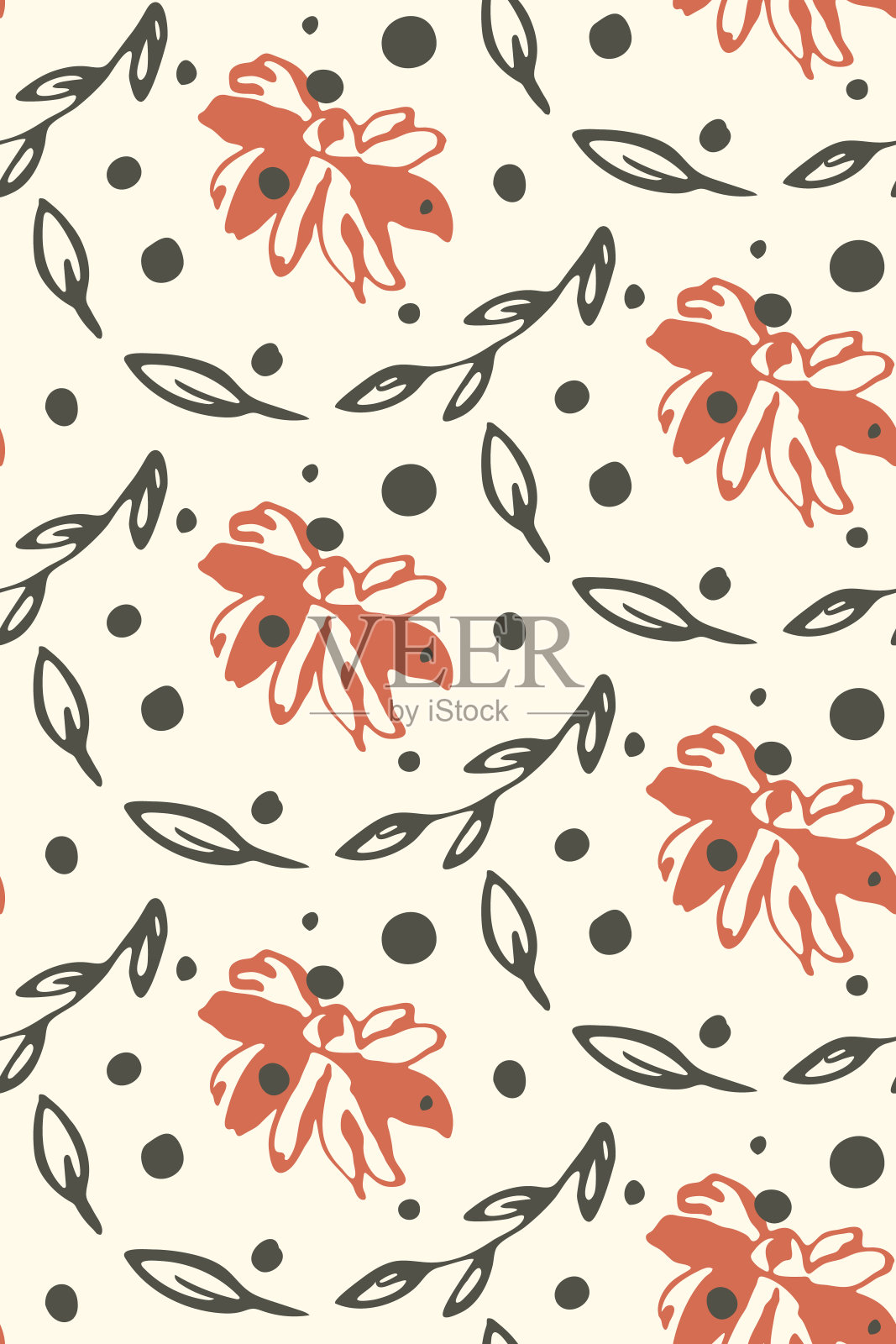 花卉观赏无缝图案。手绘墨笔画花，叶枝，灰红调色。奶油白色易于编辑的颜色背景。向量插画图片素材