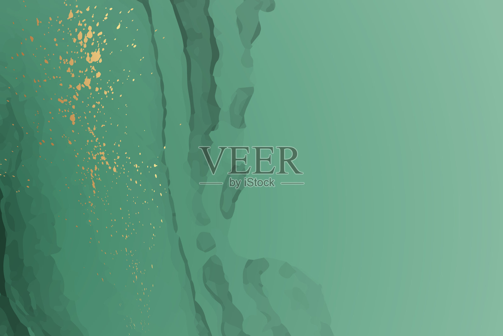 水彩背景与抽象的绿色墨水波浪和金色飞溅。插画图片素材