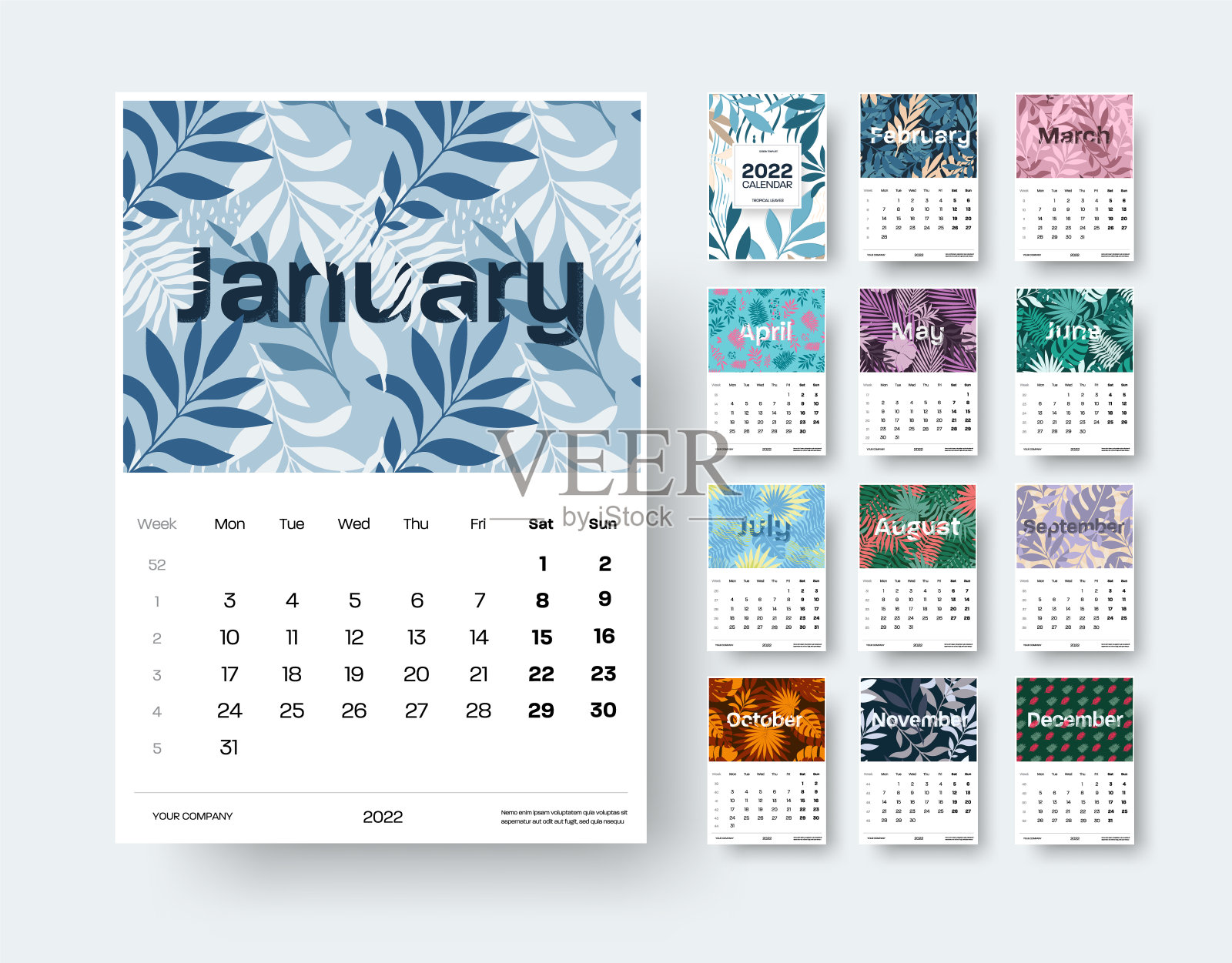 2022年日历模板，以热带树枝、树叶、植物为主题，在白色背景上标明了一年中的几周。设计模板素材