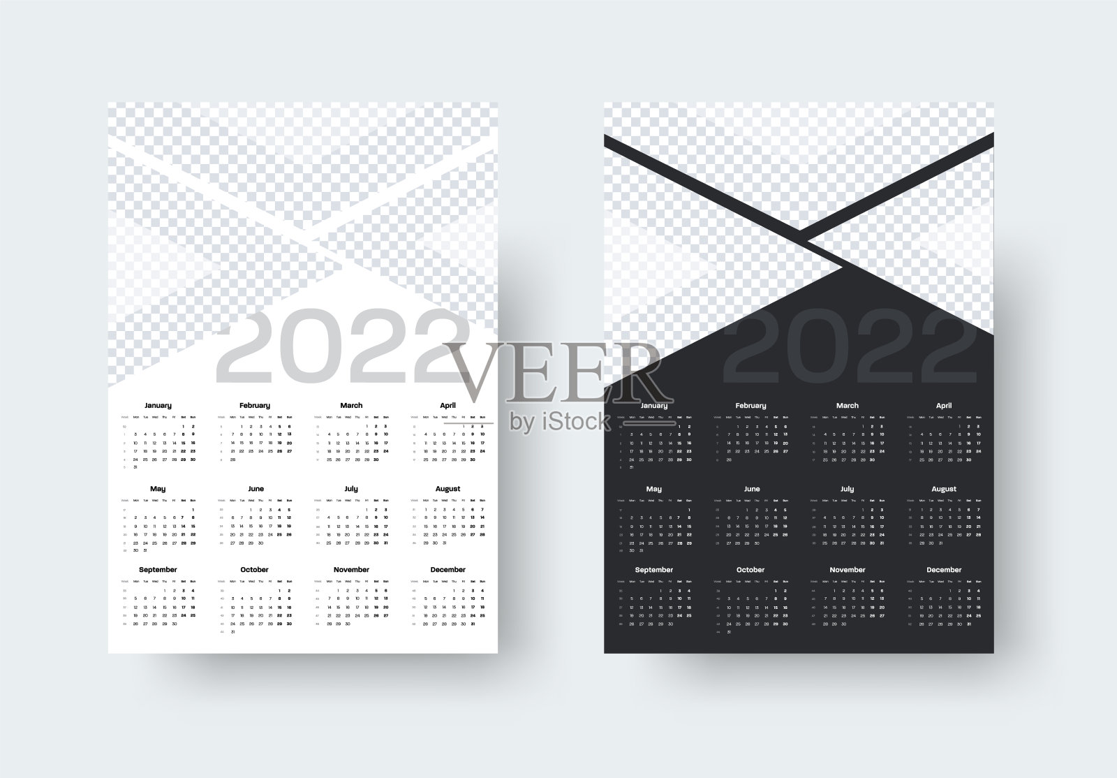 墙日历模板为2022周编号，三角形插入照片在白色，黑色的背景。设计模板素材