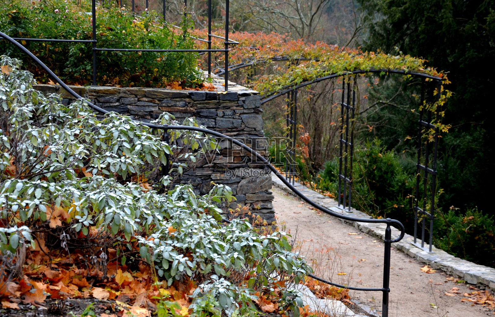 把石头堆在楼梯表面。公园内有棕色和灰色斑岩。鹅卵石小径，阶地，鼠尾草和栏杆锻造成波浪形状。拱形长凳和饮水机照片摄影图片