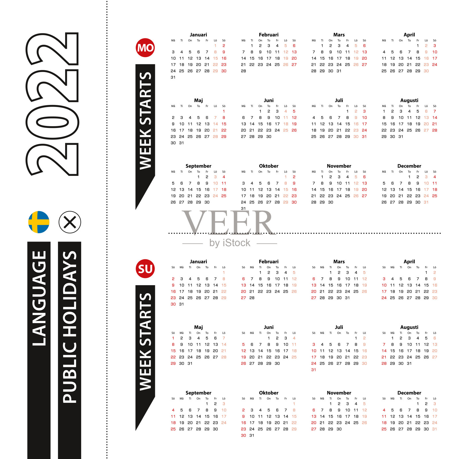 瑞典2022年的日历有两个版本，周一开始，周日开始。设计模板素材