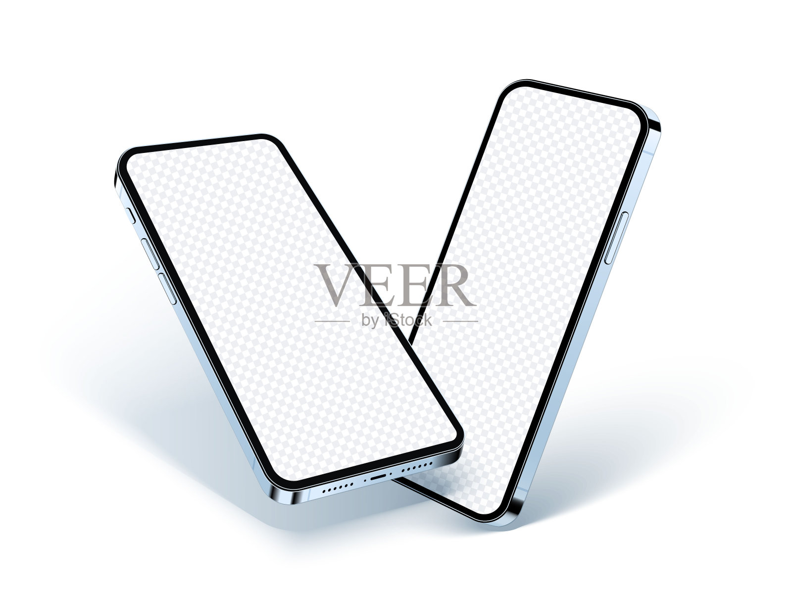 现实的手机模型，玻璃蓝色移动概念与透明屏幕和阴影隔离在白色。角度侧面3d视图智能手机显示应用程序和模拟演示，矢量插图。插画图片素材