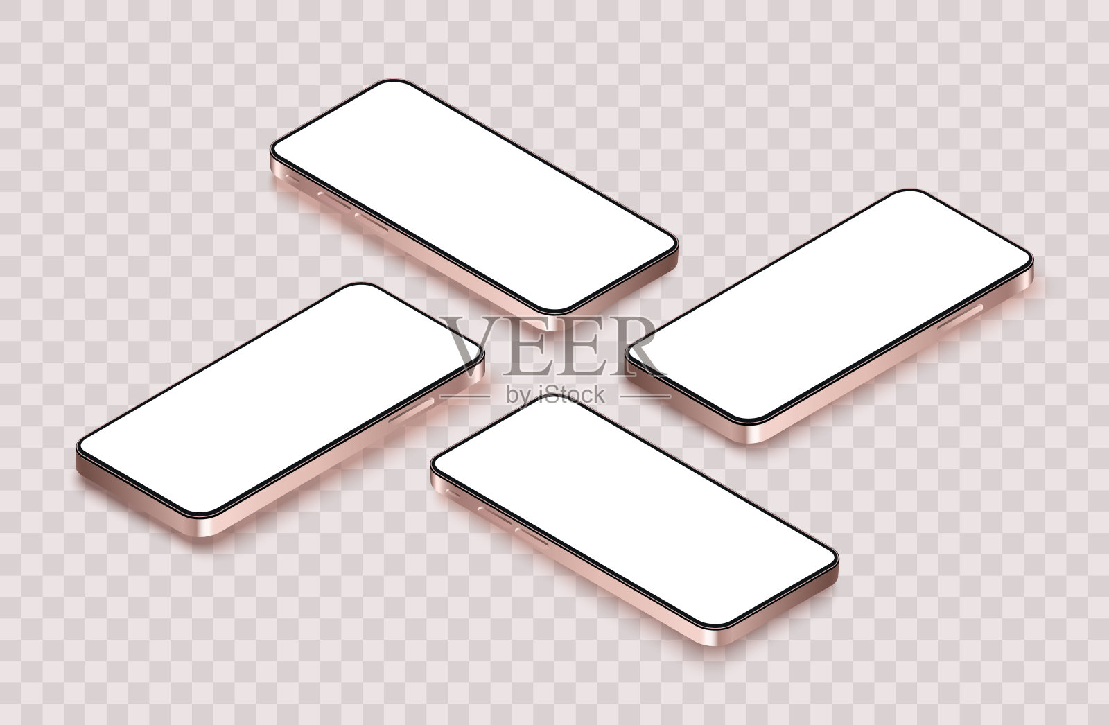 等距手机模型与空白屏幕。现实的移动概念设置在平面风格的展示应用程序和网页设计展示。金色智能手机模拟与阴影隔离透明背景。设计元素图片