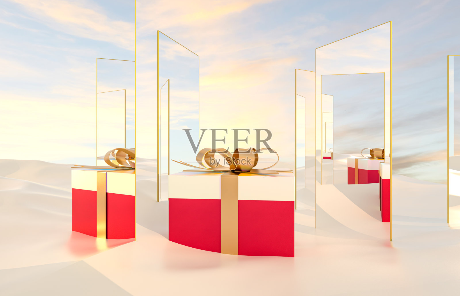 抽象的冬季圣诞场景与镜子和红色礼品盒。超现实主义的背景。照片摄影图片