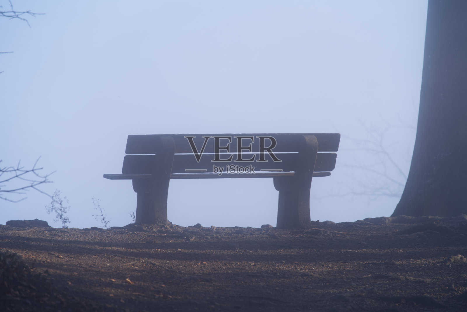 一个雾蒙蒙的下午，Uetliberg山上的秋景木凳。照片摄影图片