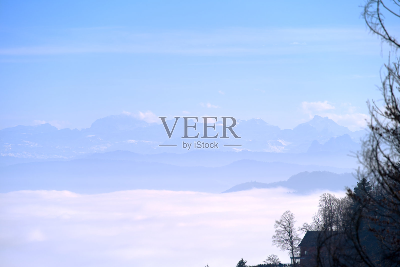 一个阳光明媚的秋日，在广州Zürich的Uetliberg山上，树木的剪影和雾海的全景。照片摄影图片