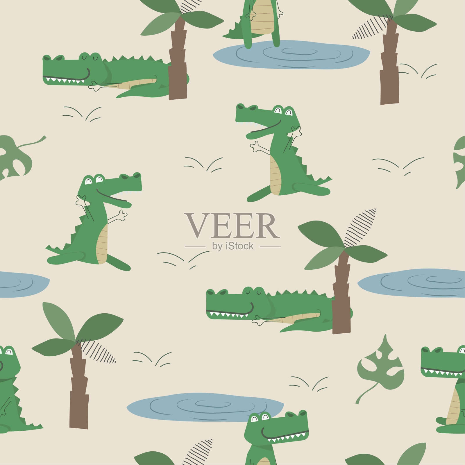 鳄鱼宝宝无缝模式。野生动物可爱的打印。插画图片素材
