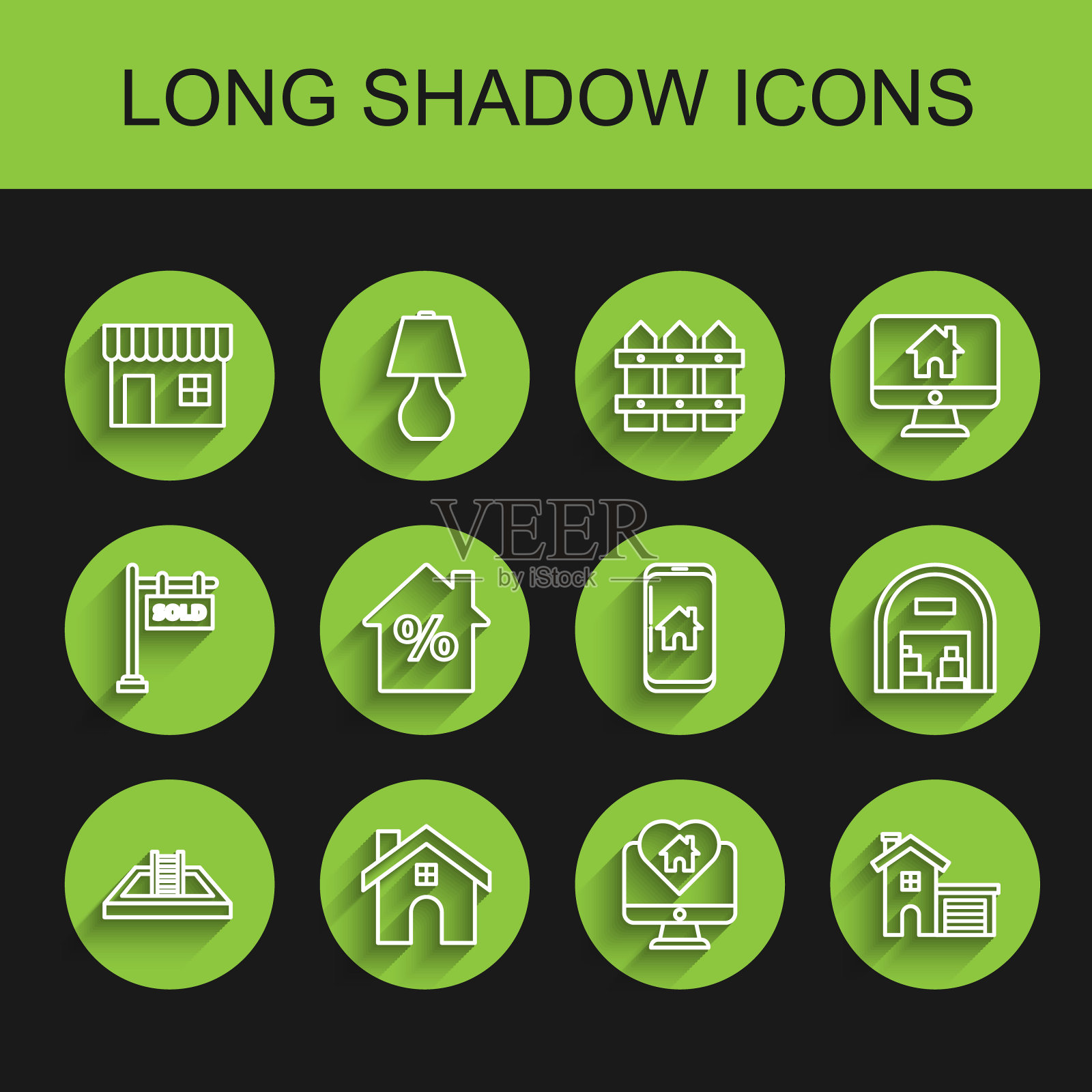 设置线条游泳池与梯子，房子，购物大楼或市场商店，监视器房子的心脏形状，百分比折扣标签，仓库和手机智能家居图标。向量图标素材