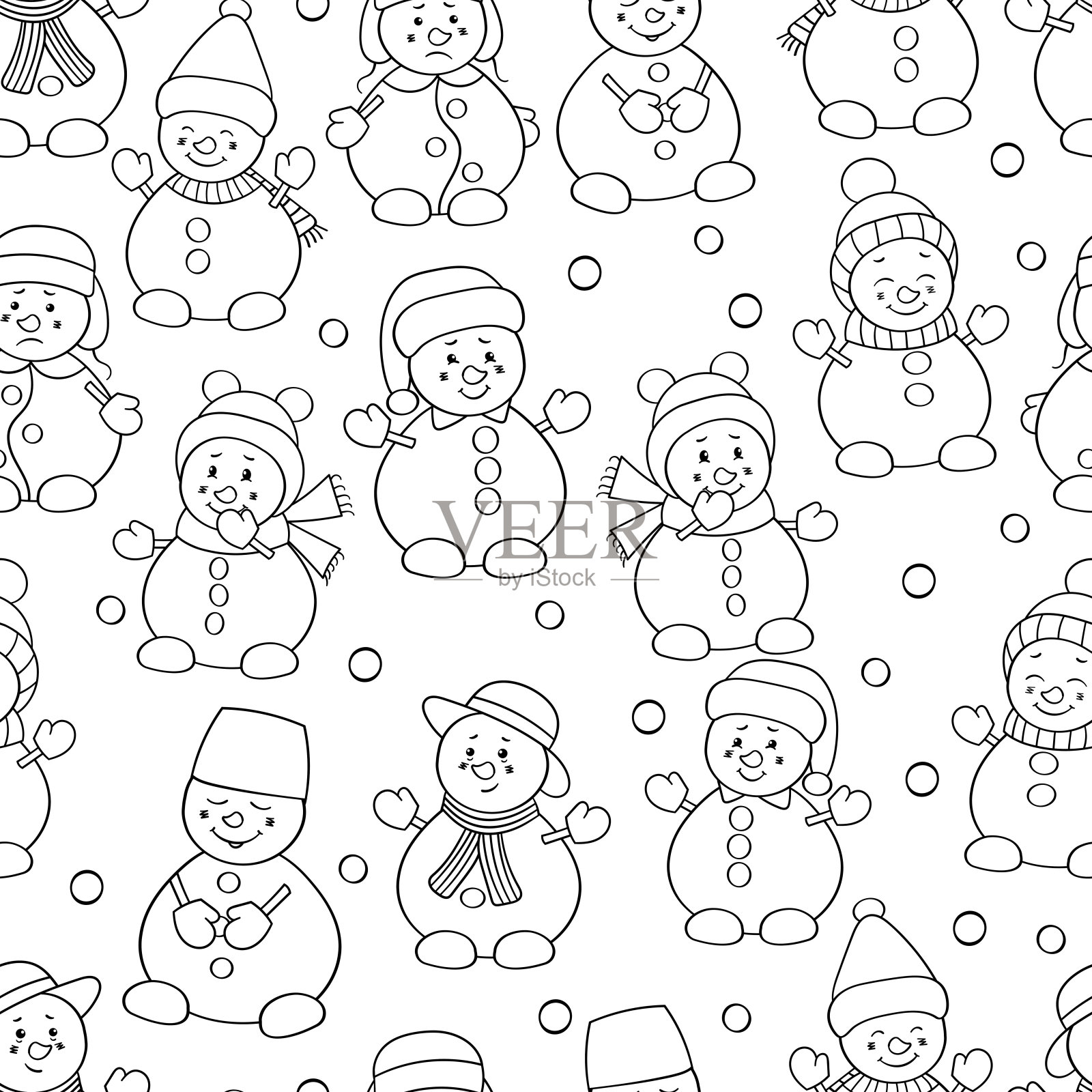 无缝图案与一套雪人，着色页设计元素图片