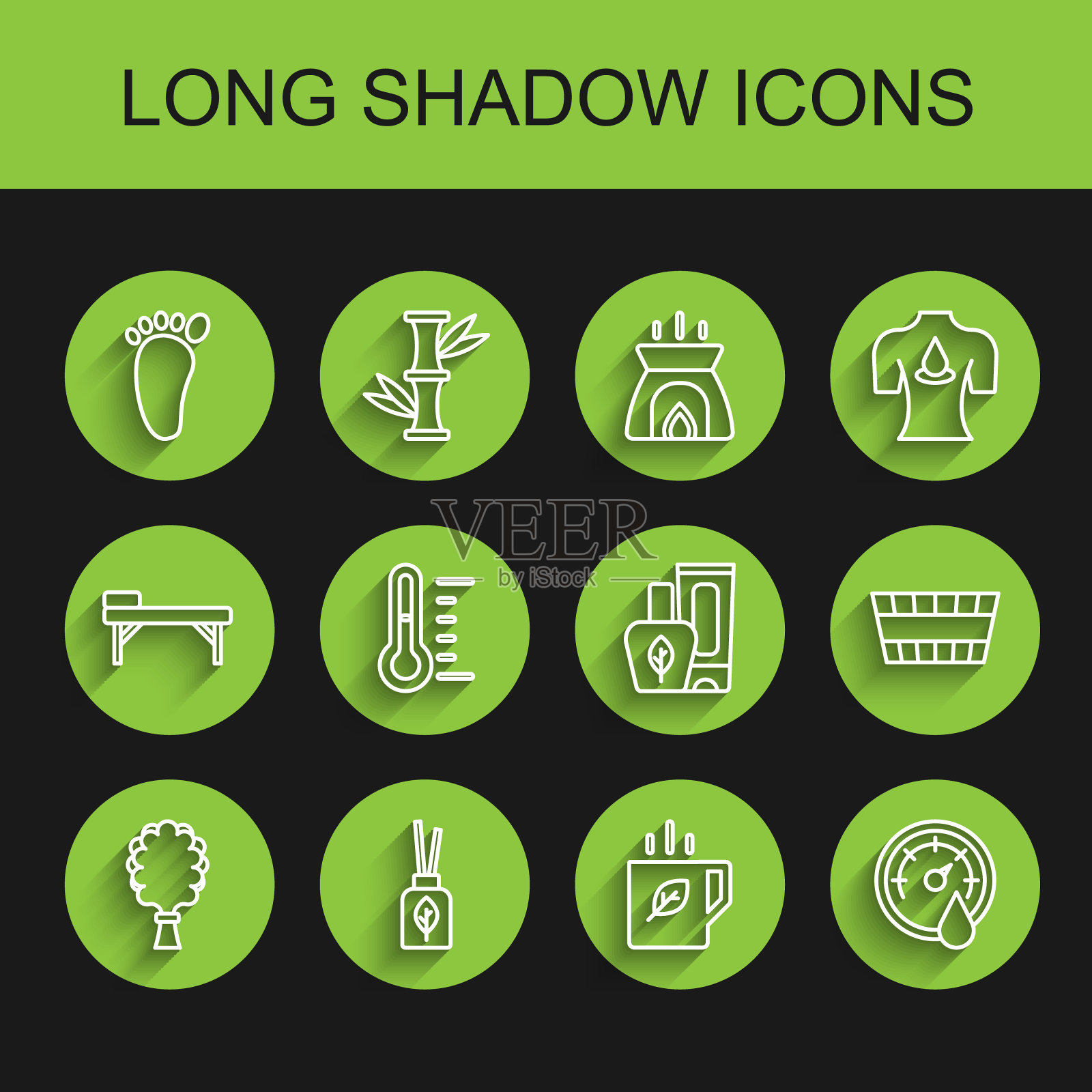 设置线条桑拿扫帚，香薰器，足部按摩，茶和叶子，温度计，桶和药膏管图标。向量插画图片素材