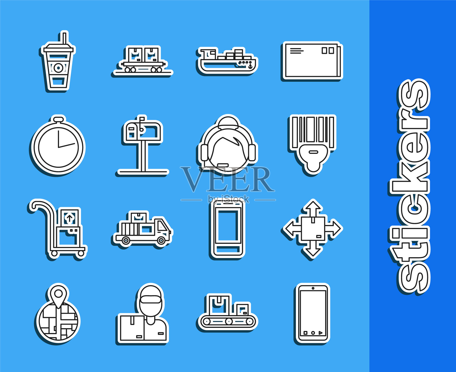 手机app送货跟踪，扫描仪扫描条形码，货船箱服务，打开邮件，秒表，咖啡杯和支持操作员触摸图标。向量图标素材