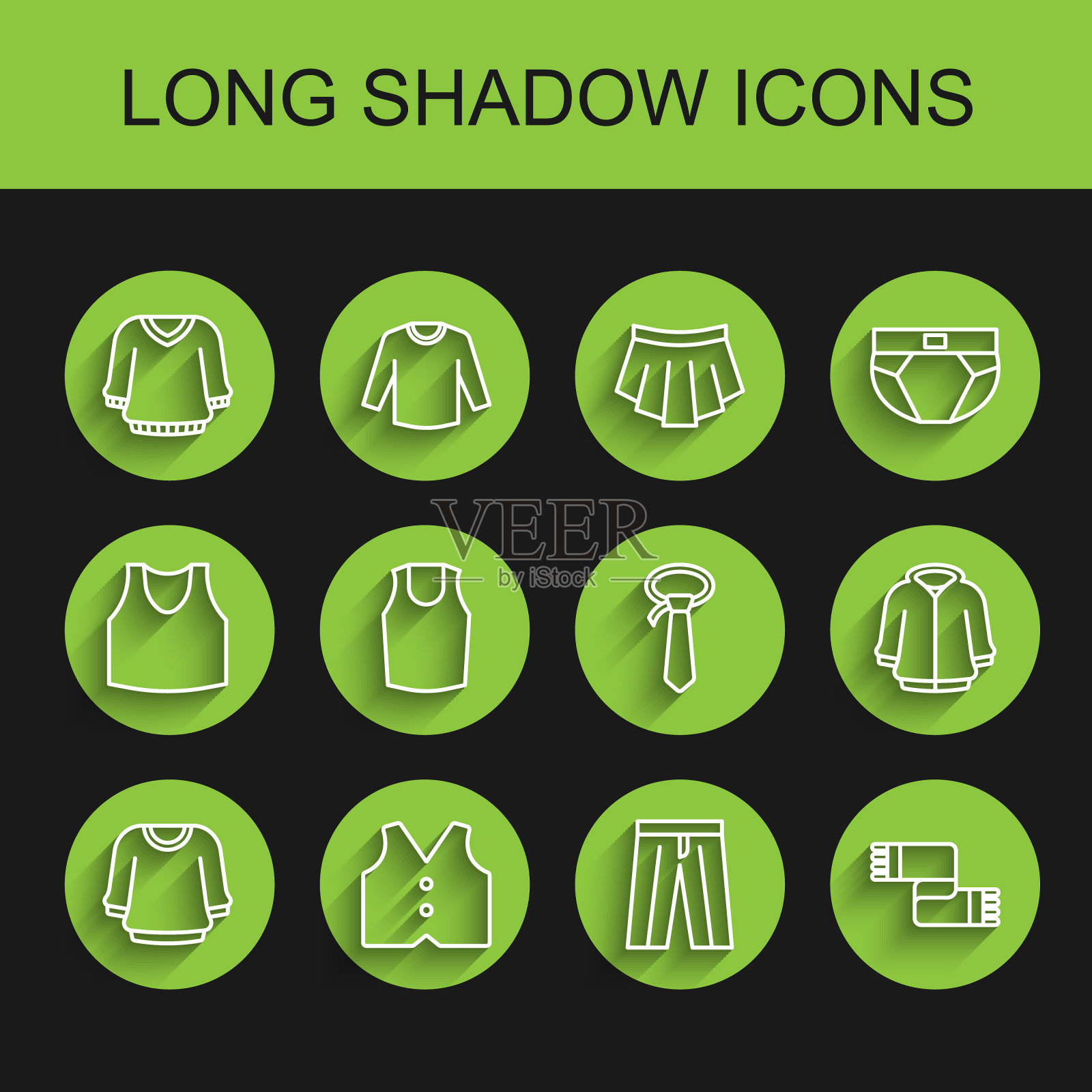 套线毛衣，马甲，裤子，冬季围巾，汗衫，连帽衫和领带图标。向量插画图片素材