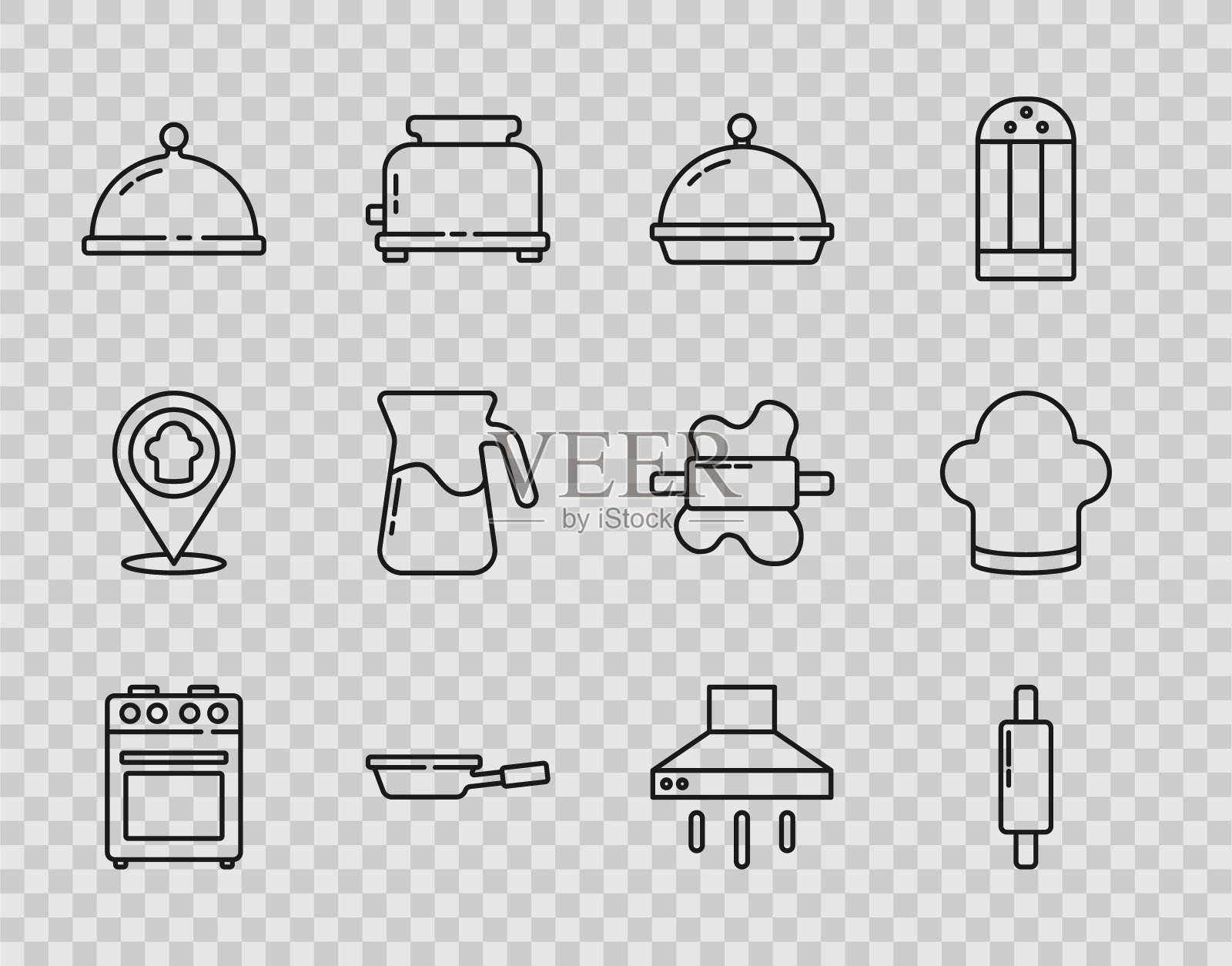 设置烤箱，擀面杖，覆盖托盘的食物，煎锅，水壶玻璃水，厨房提取风扇和厨师帽子图标。向量图标素材