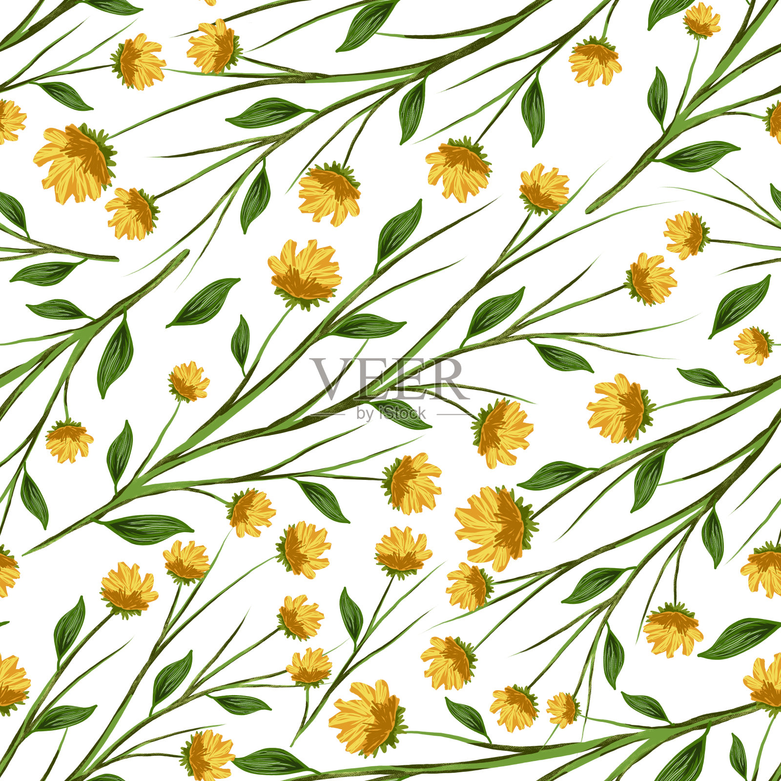 白色背景上可爱的黄花。无缝模式。数字绘画。插画图片素材