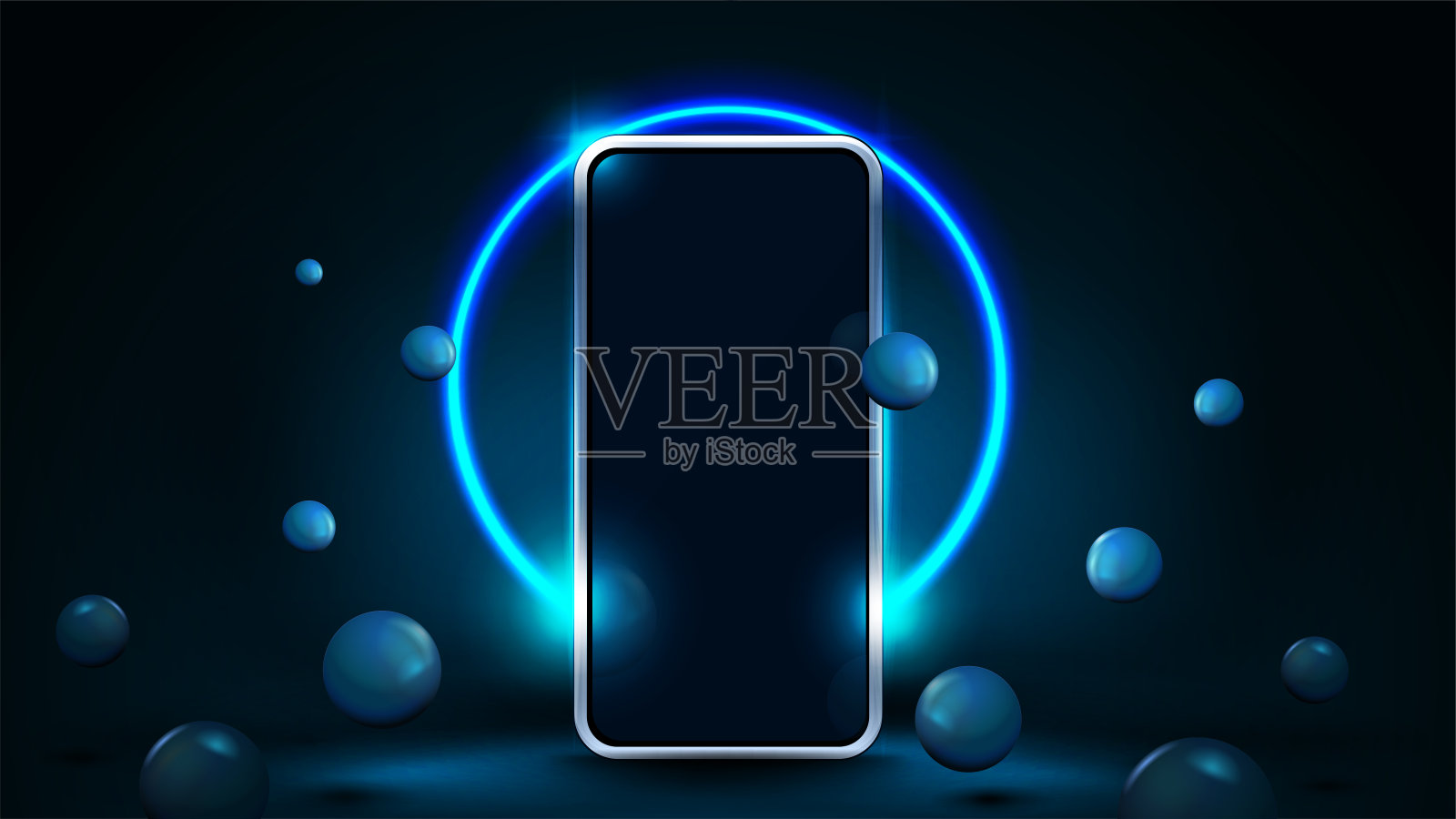 智能手机模拟蓝色场景与现实的弹跳球体和霓虹灯环的背景。插画图片素材