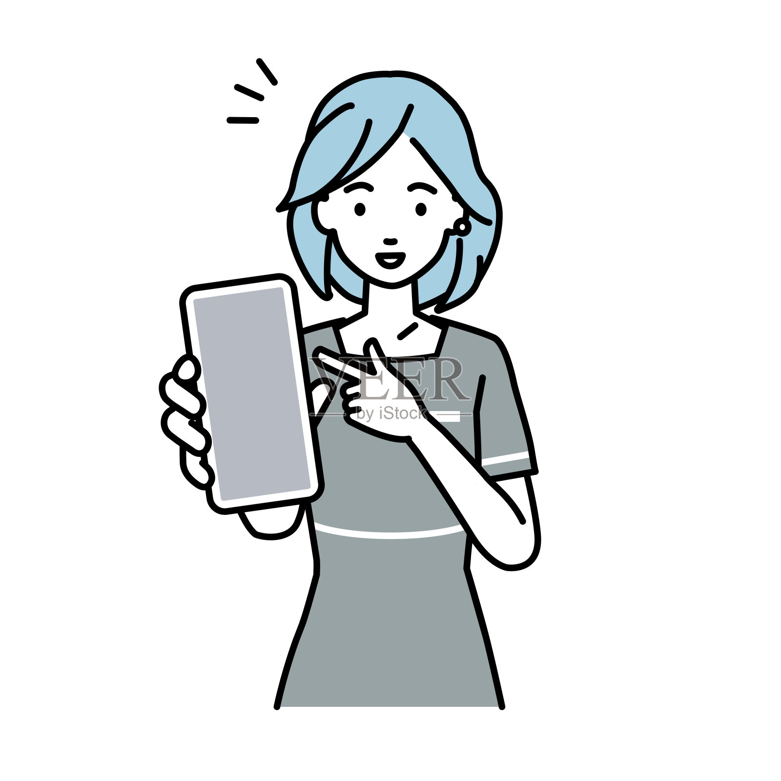 一位女美容师带着微笑推荐、求婚、展示和指向智能手机模型屏幕插画图片素材