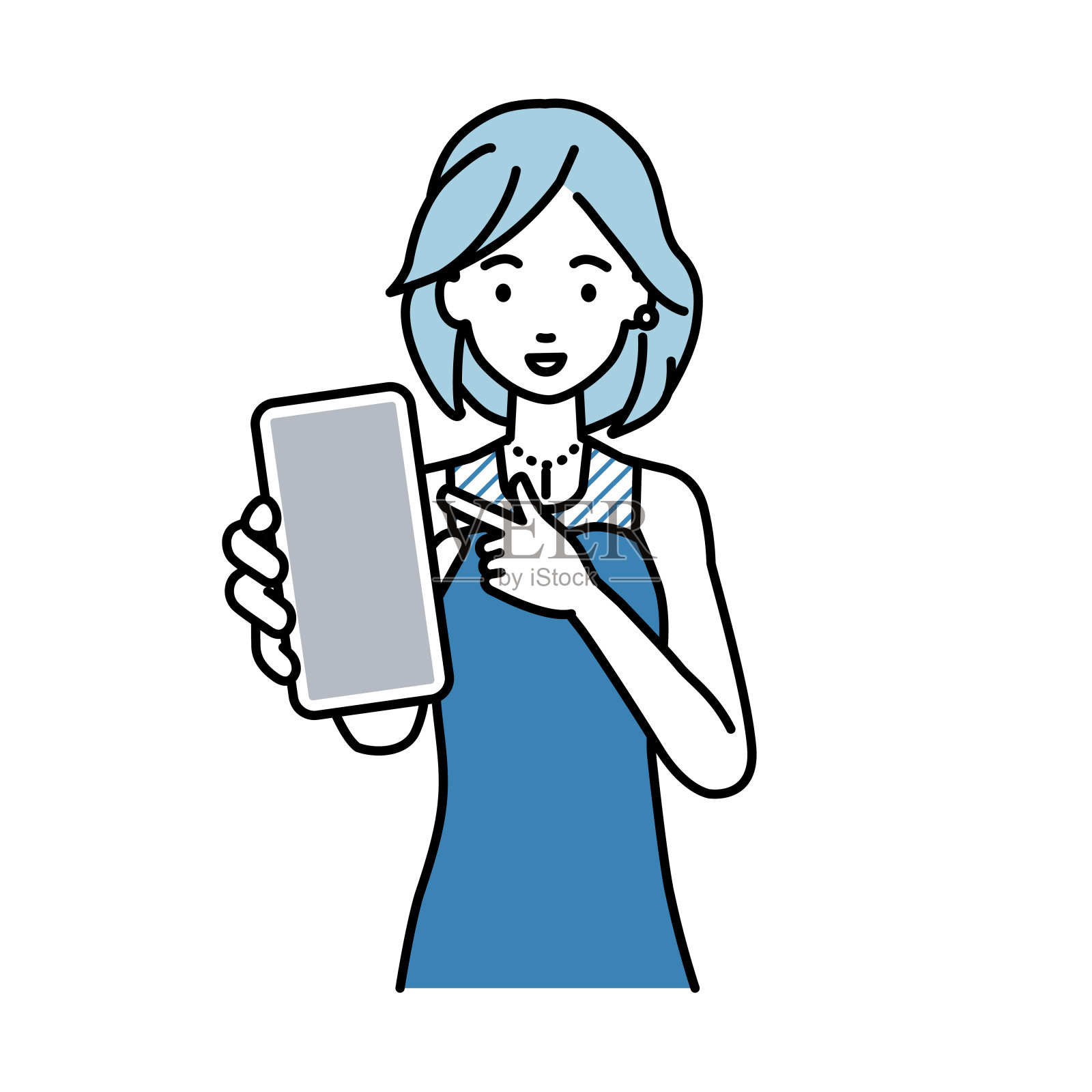 一名身着礼服的女子面带微笑地推荐、求婚、展示并指着智能手机模型屏幕插画图片素材