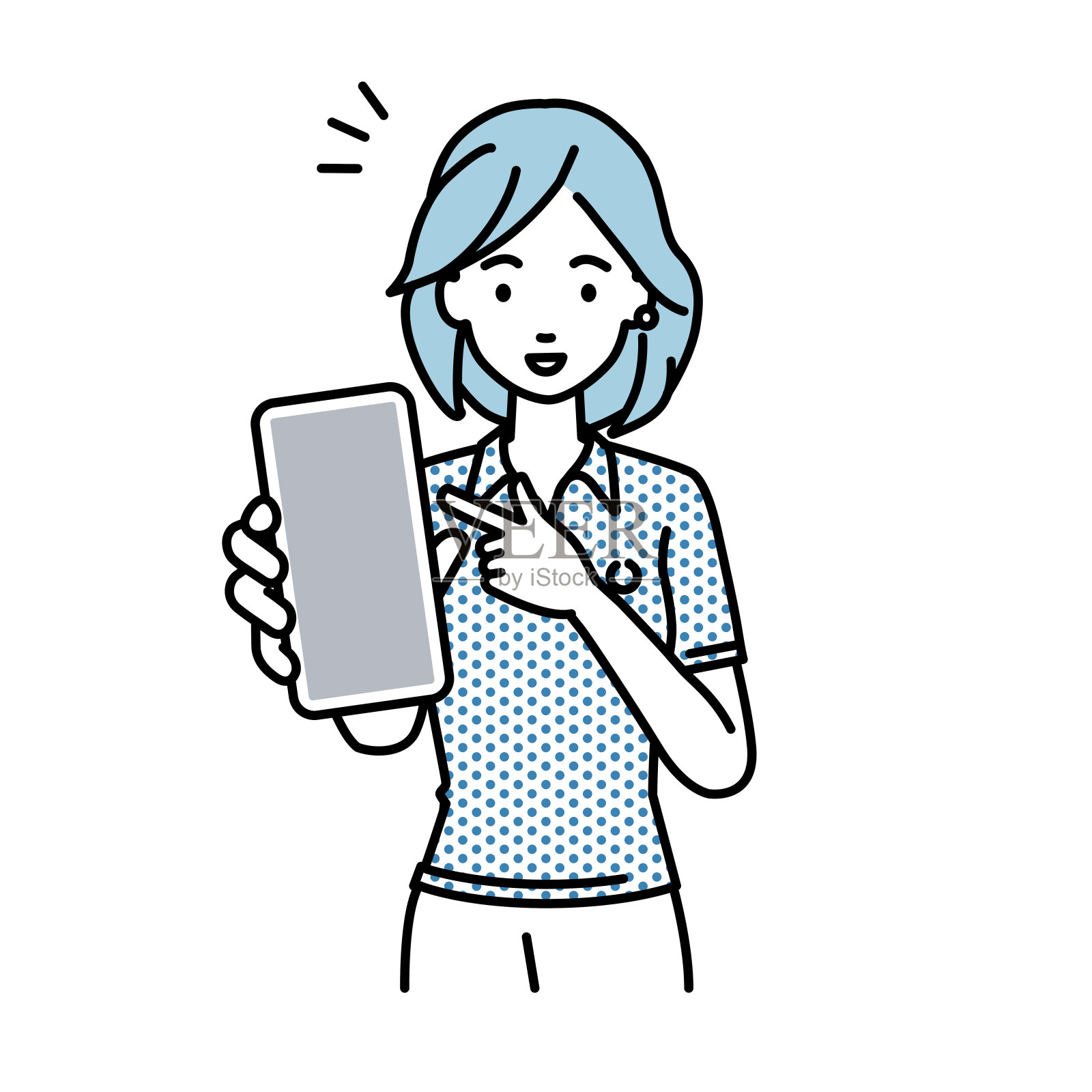 一名身穿polo衫的女子微笑着向你推荐、求婚、展示并指向智能手机模型屏幕插画图片素材