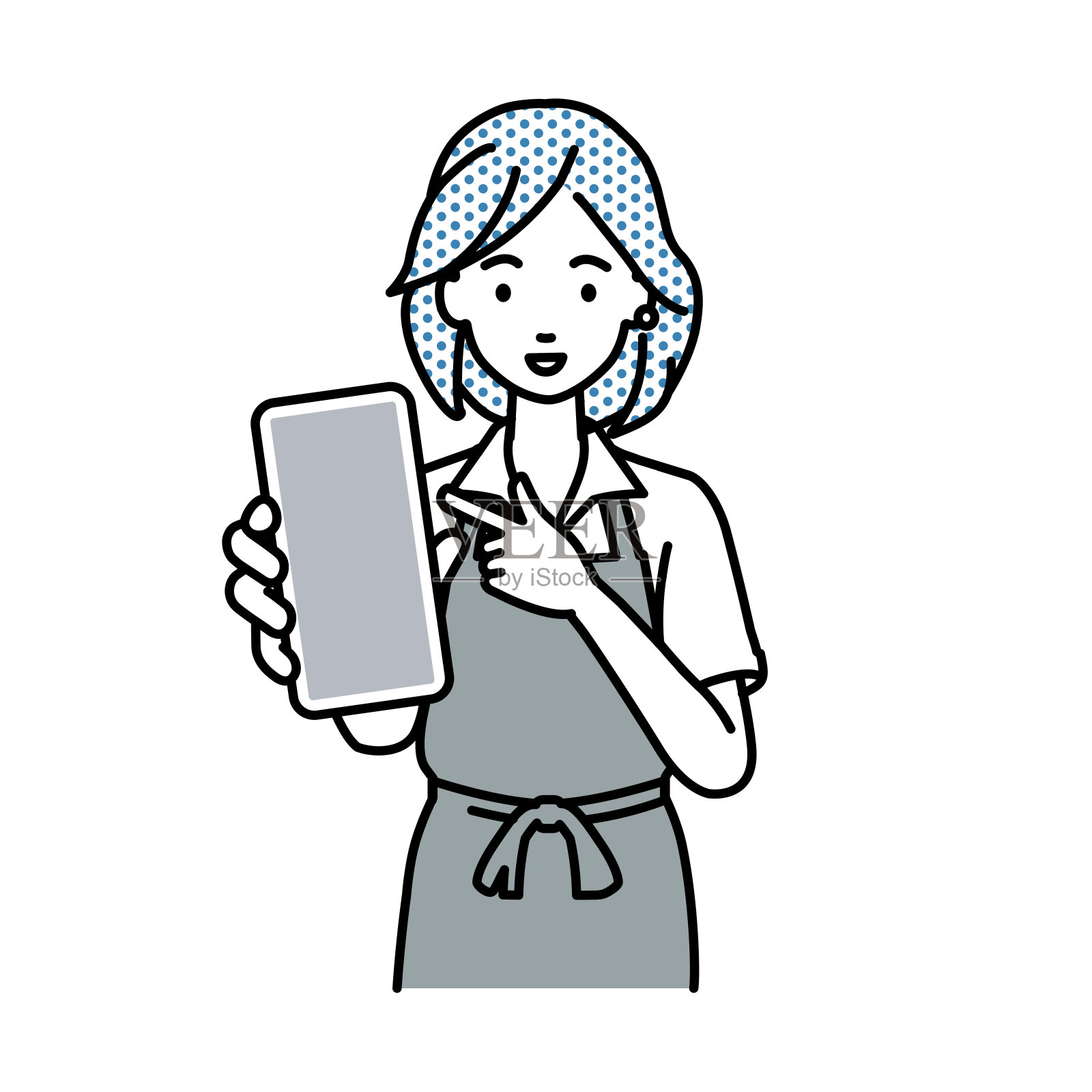 一个穿着围裙的女人向你推荐，求婚，微笑着指着智能手机的模型屏幕插画图片素材